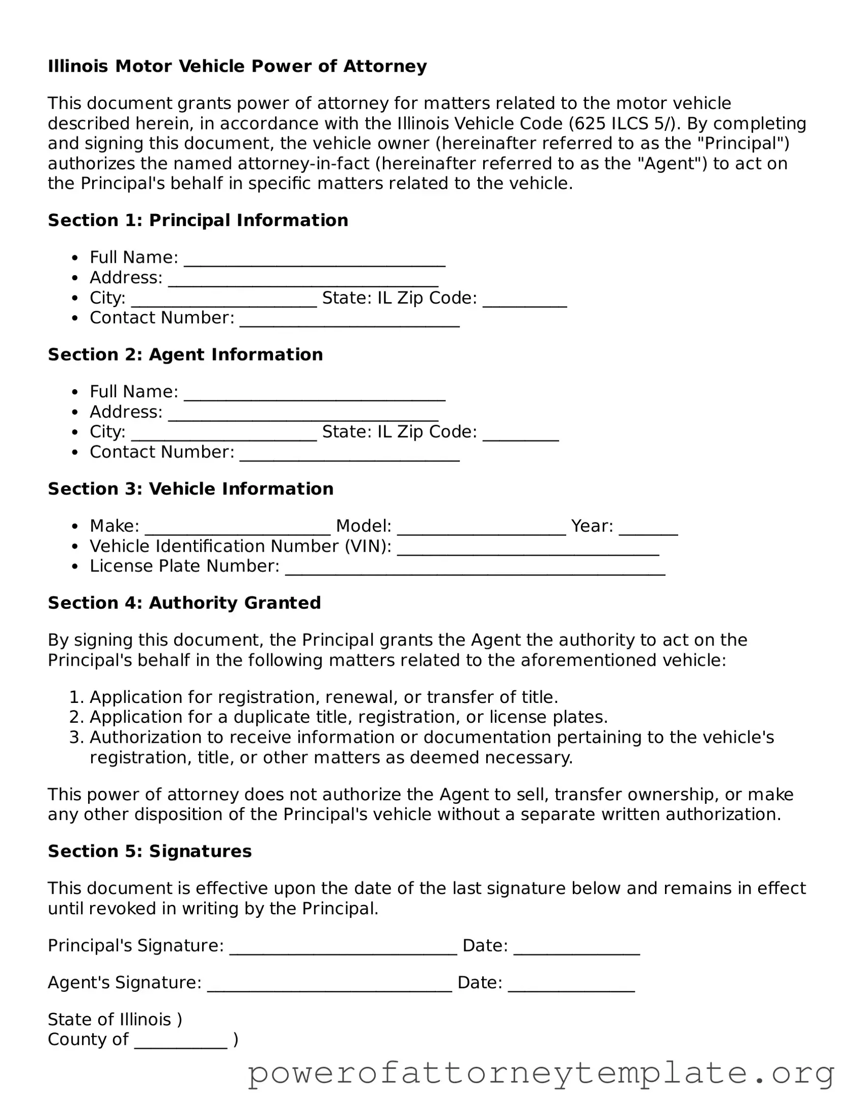 Legal Illinois Motor Vehicle Power of Attorney Template
