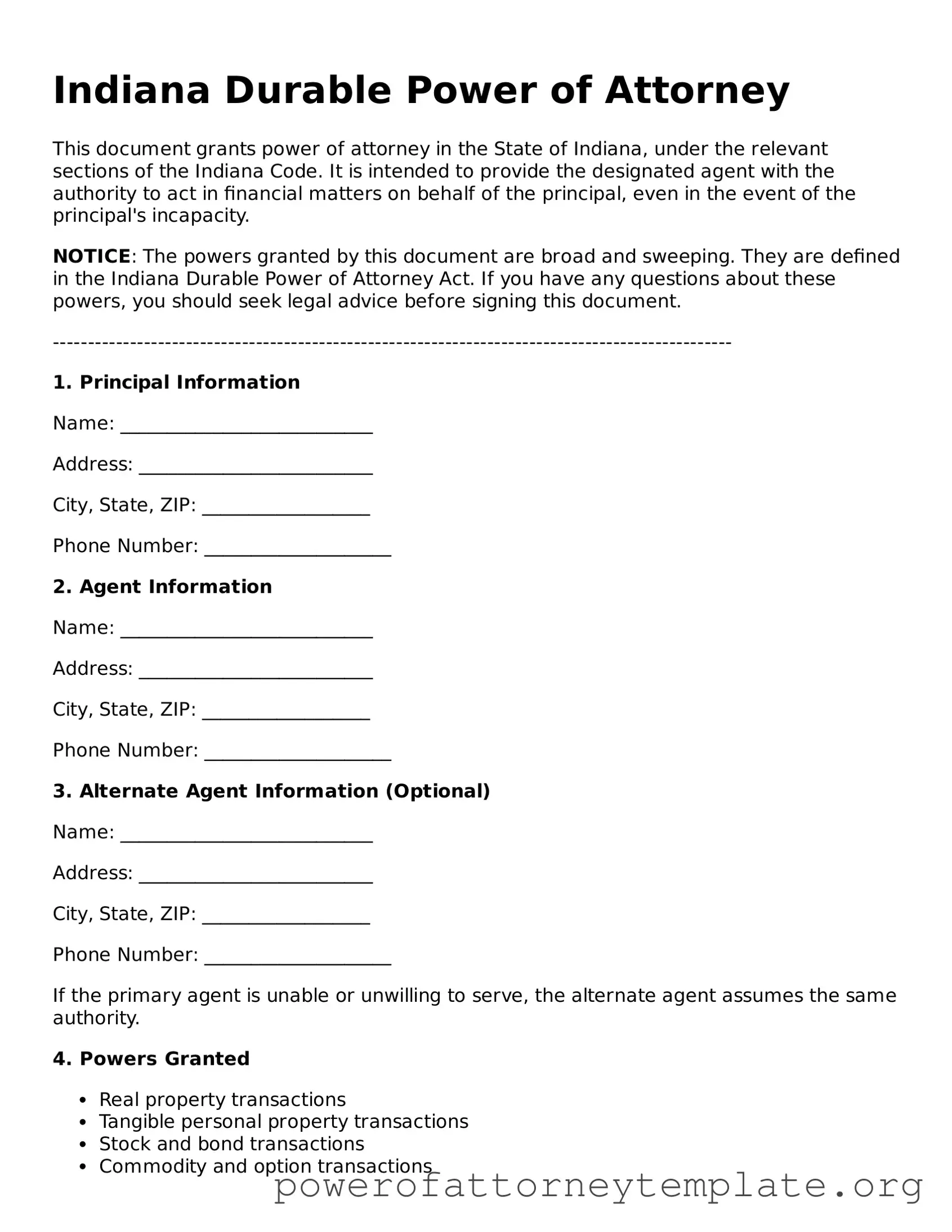 Legal Indiana Durable Power of Attorney Template