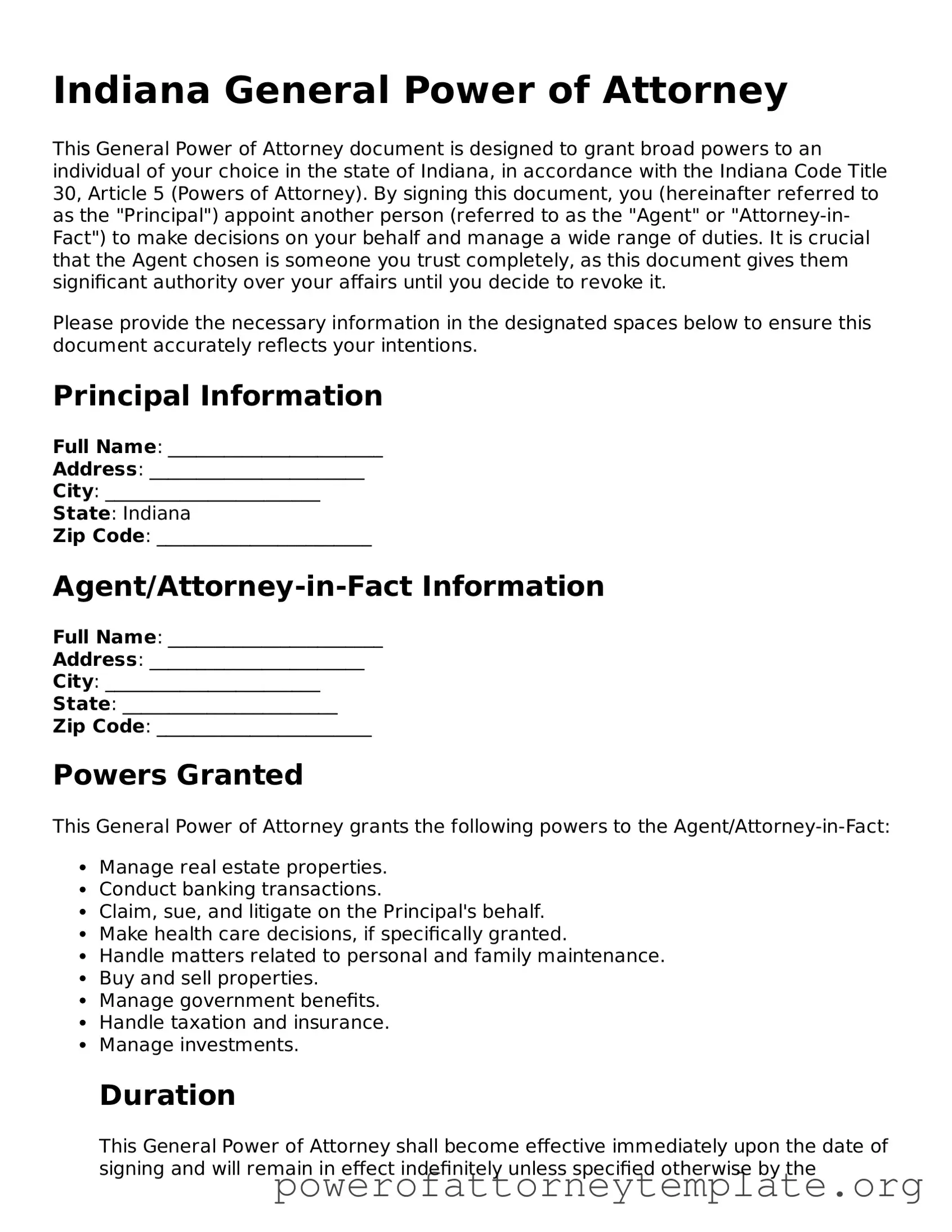 Legal Indiana General Power of Attorney Template