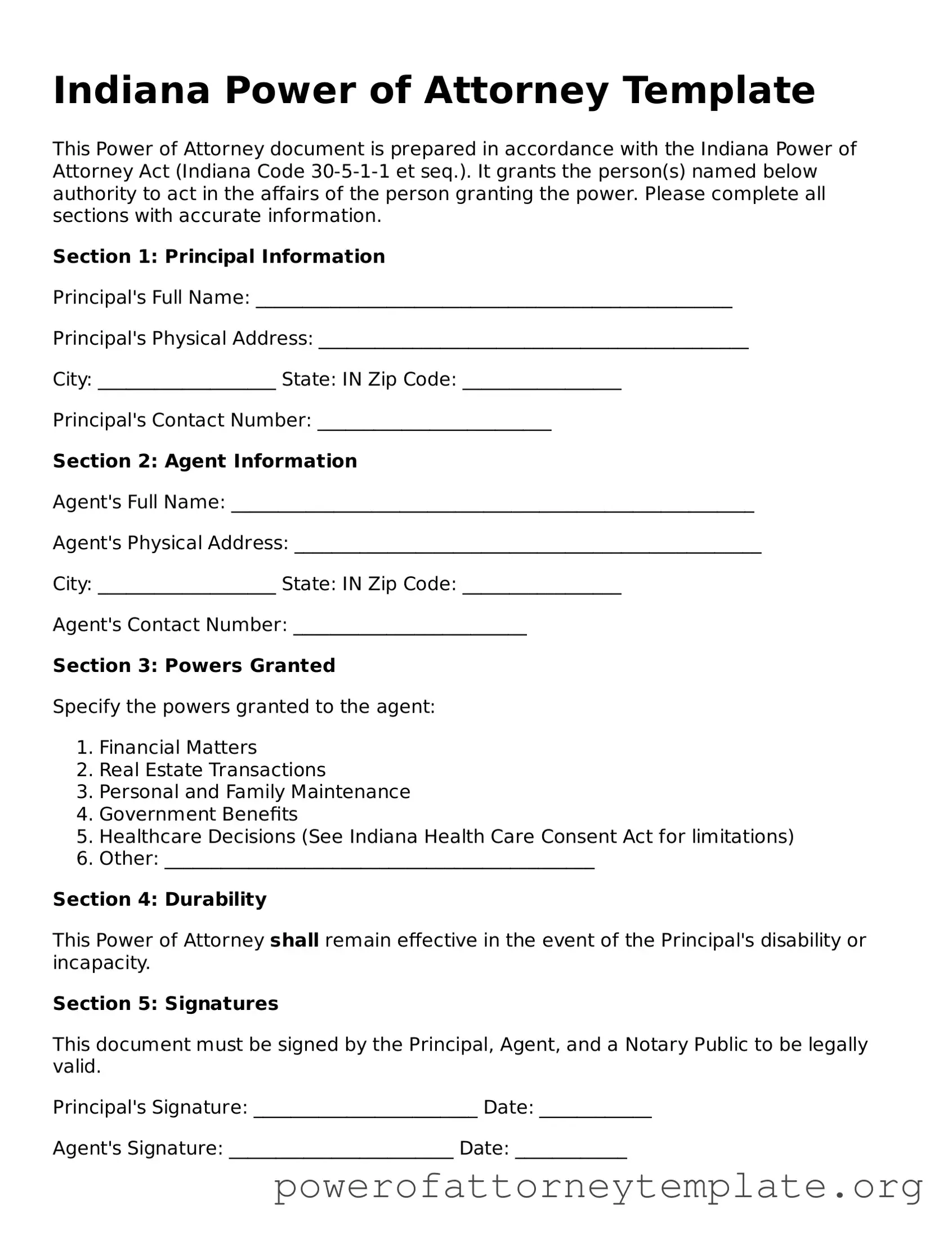 Legal Indiana Power of Attorney Template