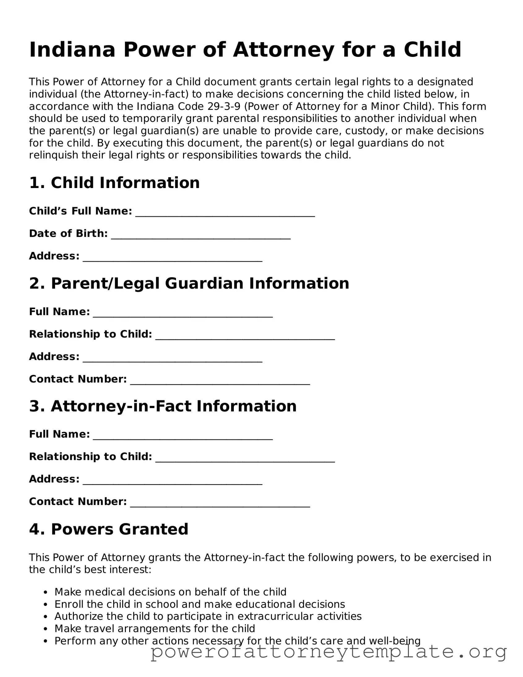 Legal Indiana Power of Attorney for a Child Template