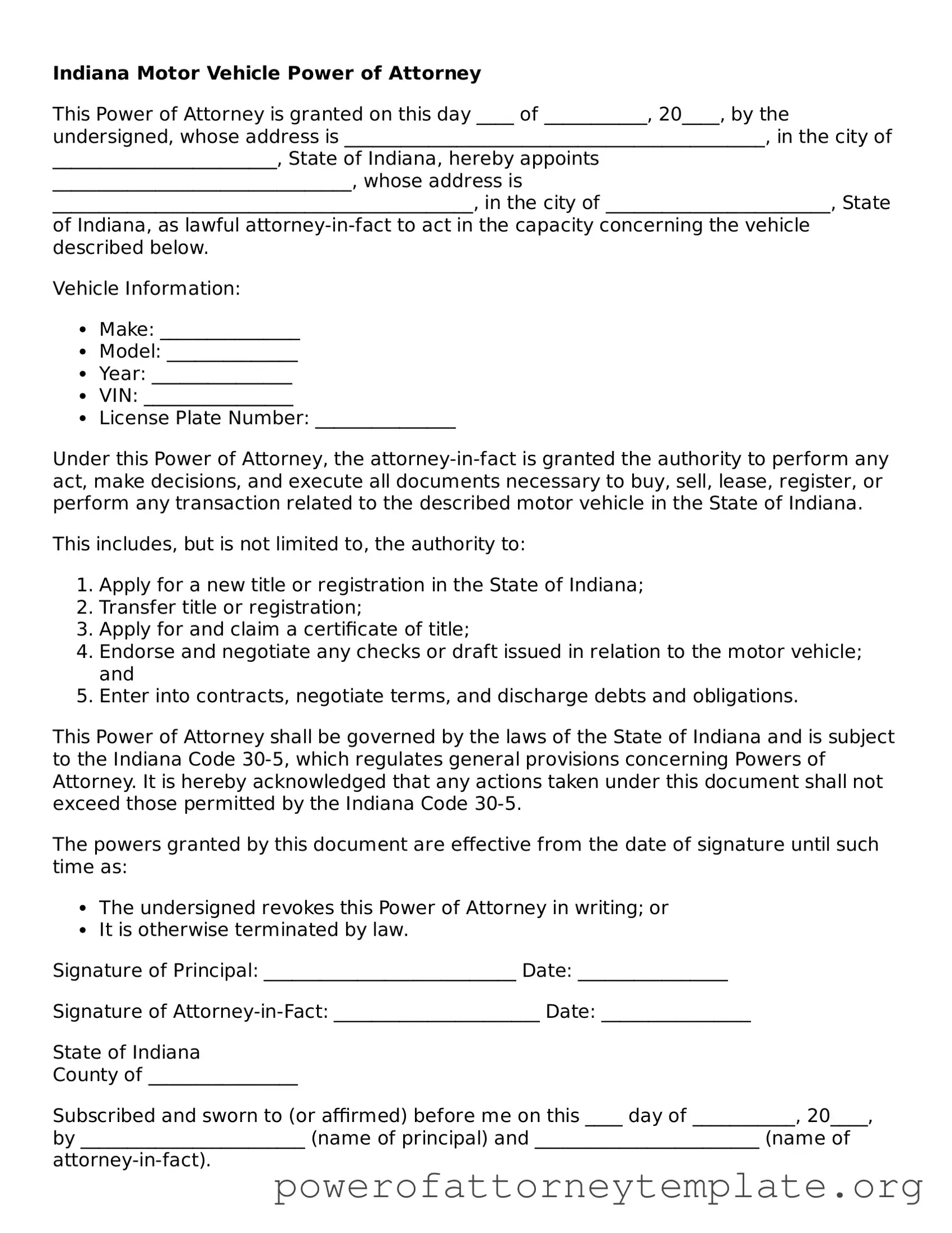 Legal Indiana Motor Vehicle Power of Attorney Template
