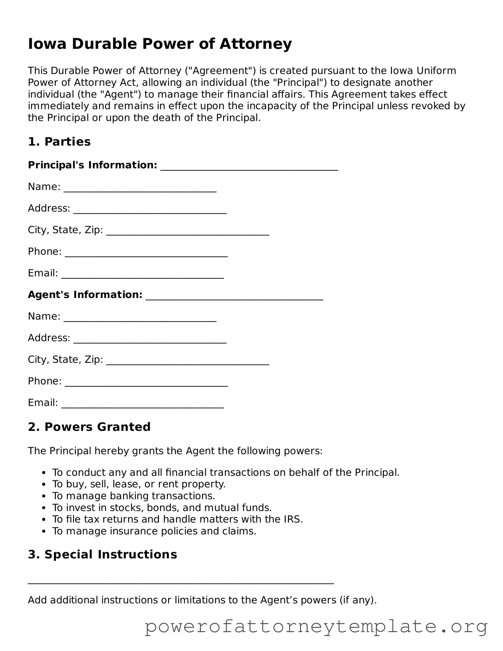 Legal Iowa Durable Power of Attorney Template