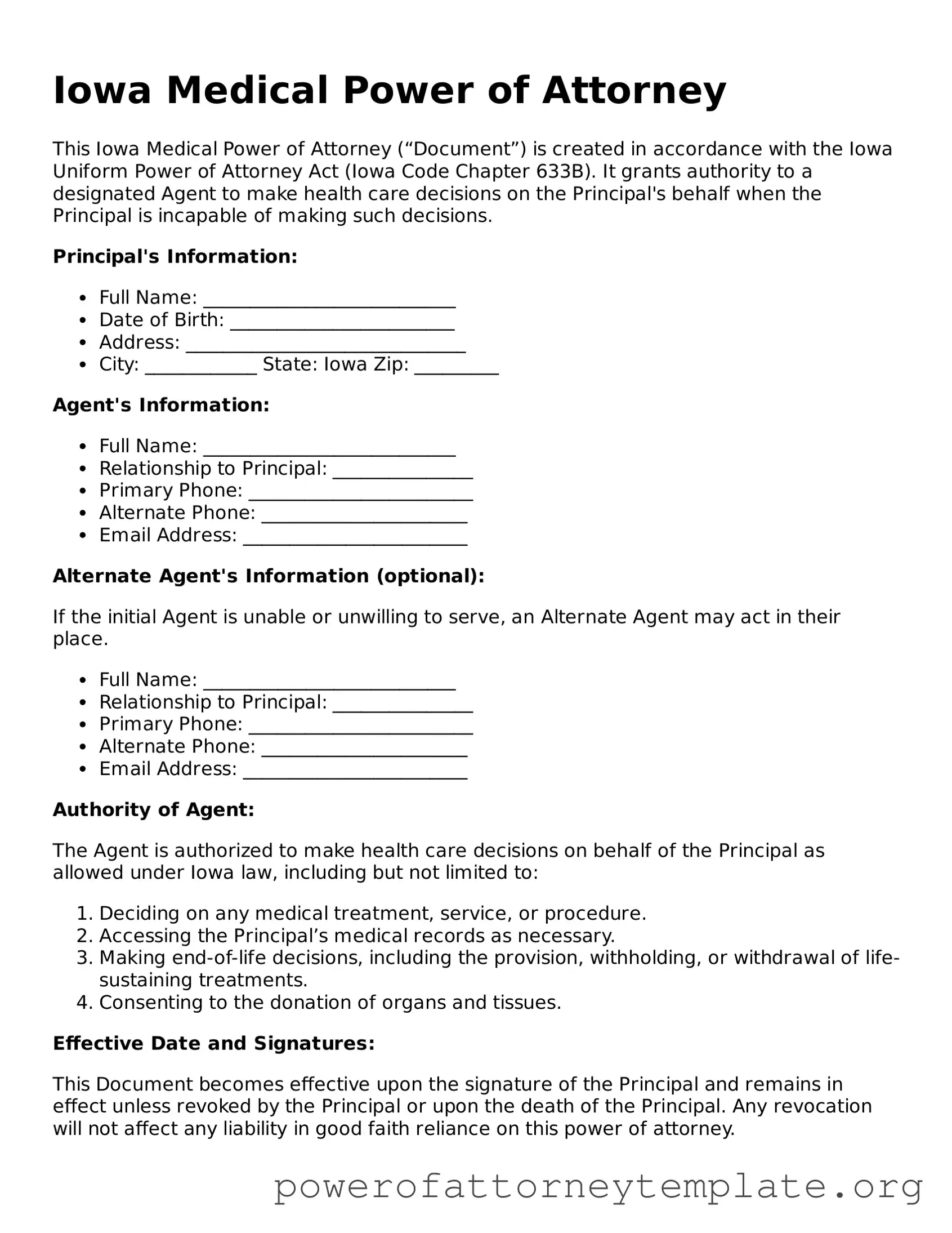Legal Iowa Medical Power of Attorney Template