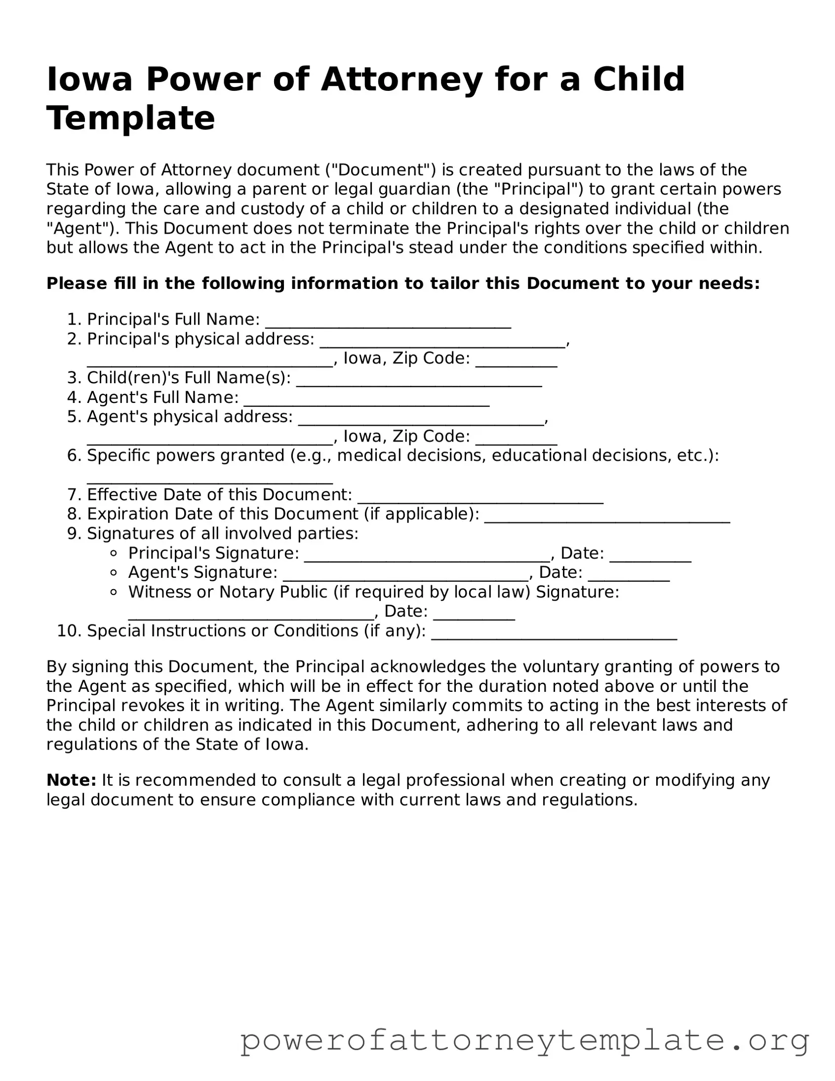 Legal Iowa Power of Attorney for a Child Template