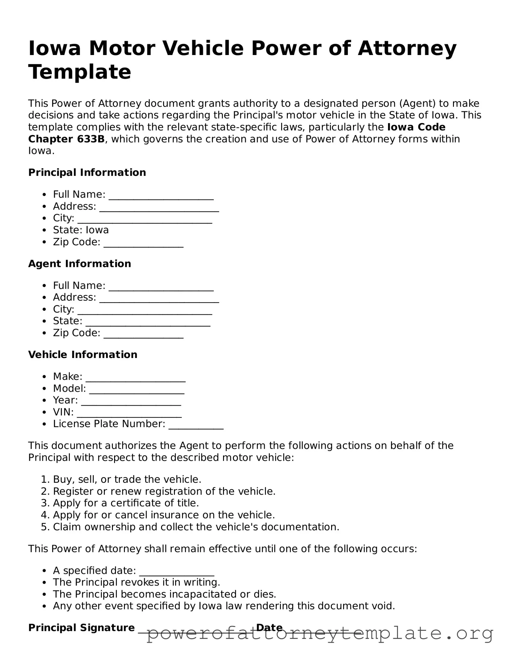 Legal Iowa Motor Vehicle Power of Attorney Template