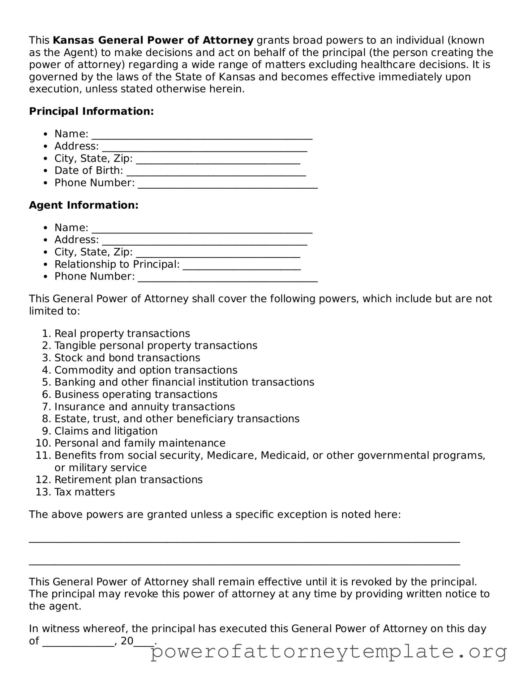 Legal Kansas General Power of Attorney Template