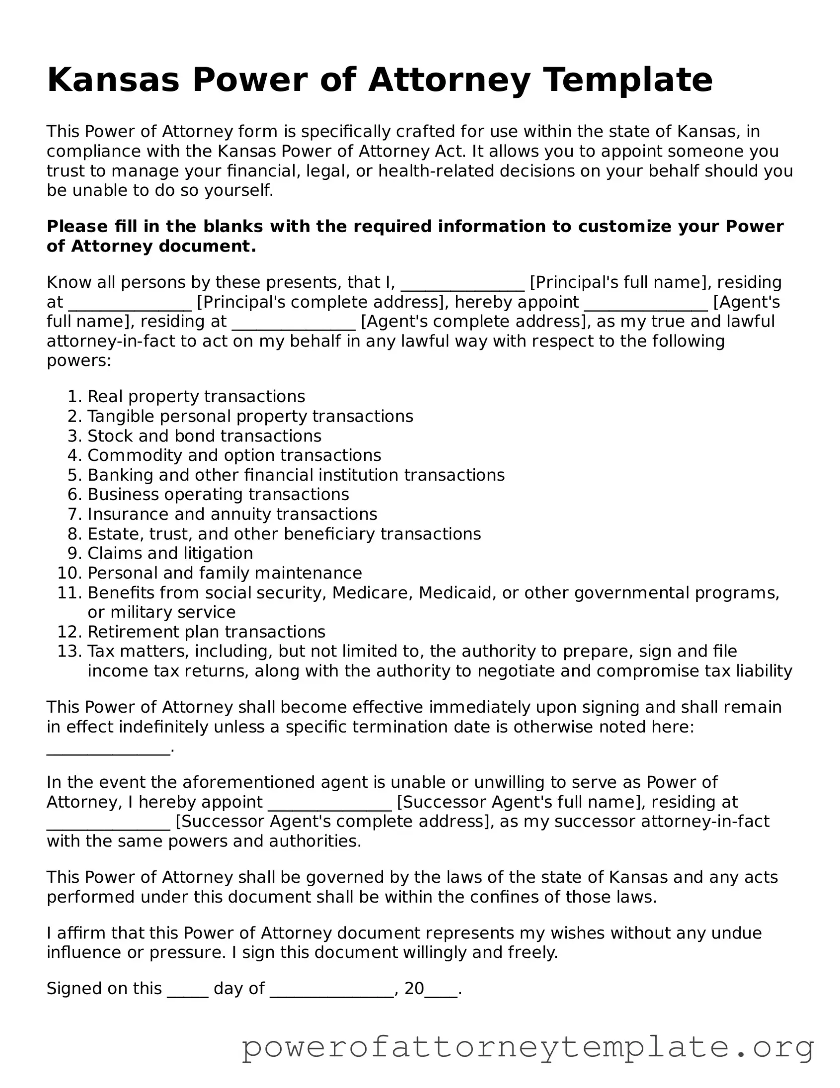 Legal Kansas Power of Attorney Template