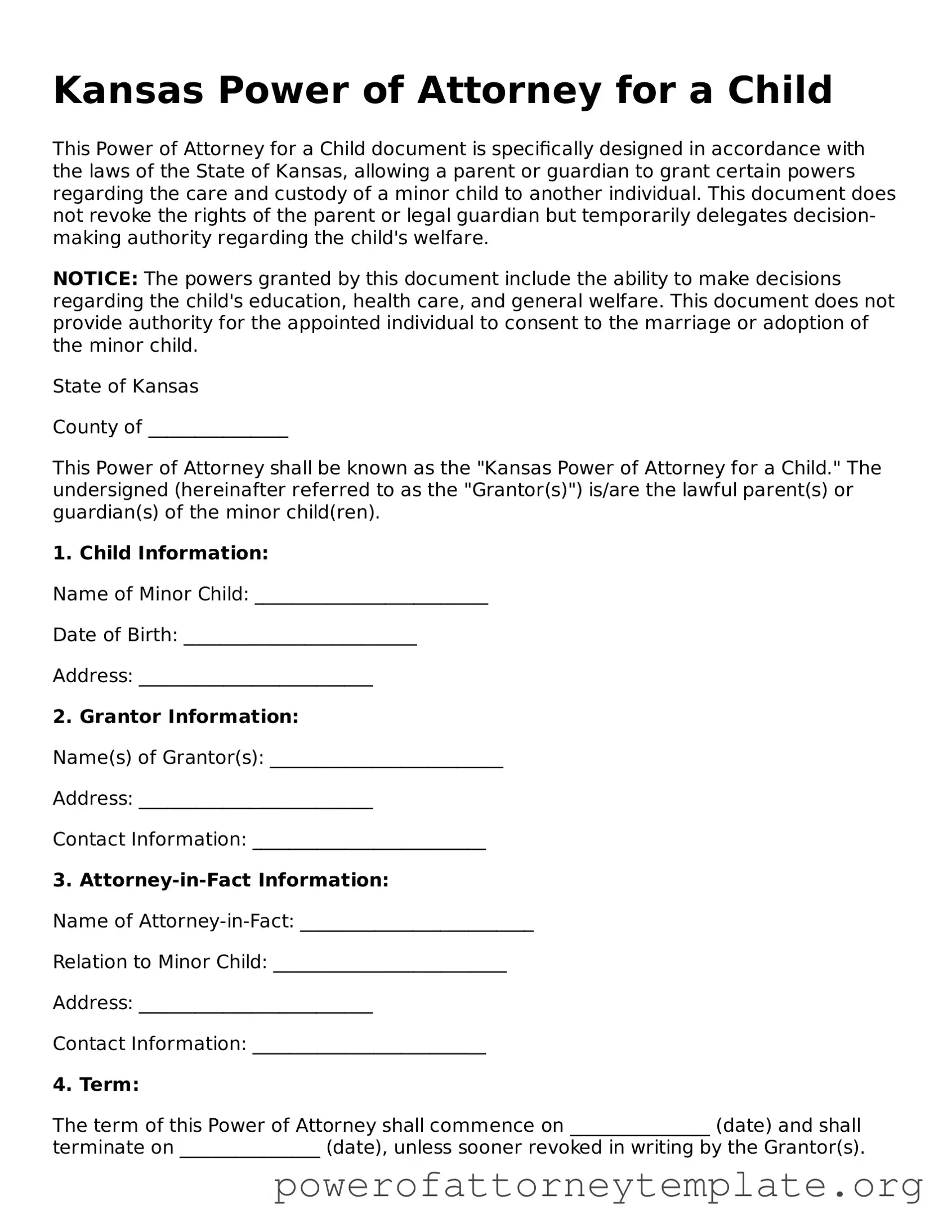 Legal Kansas Power of Attorney for a Child Template