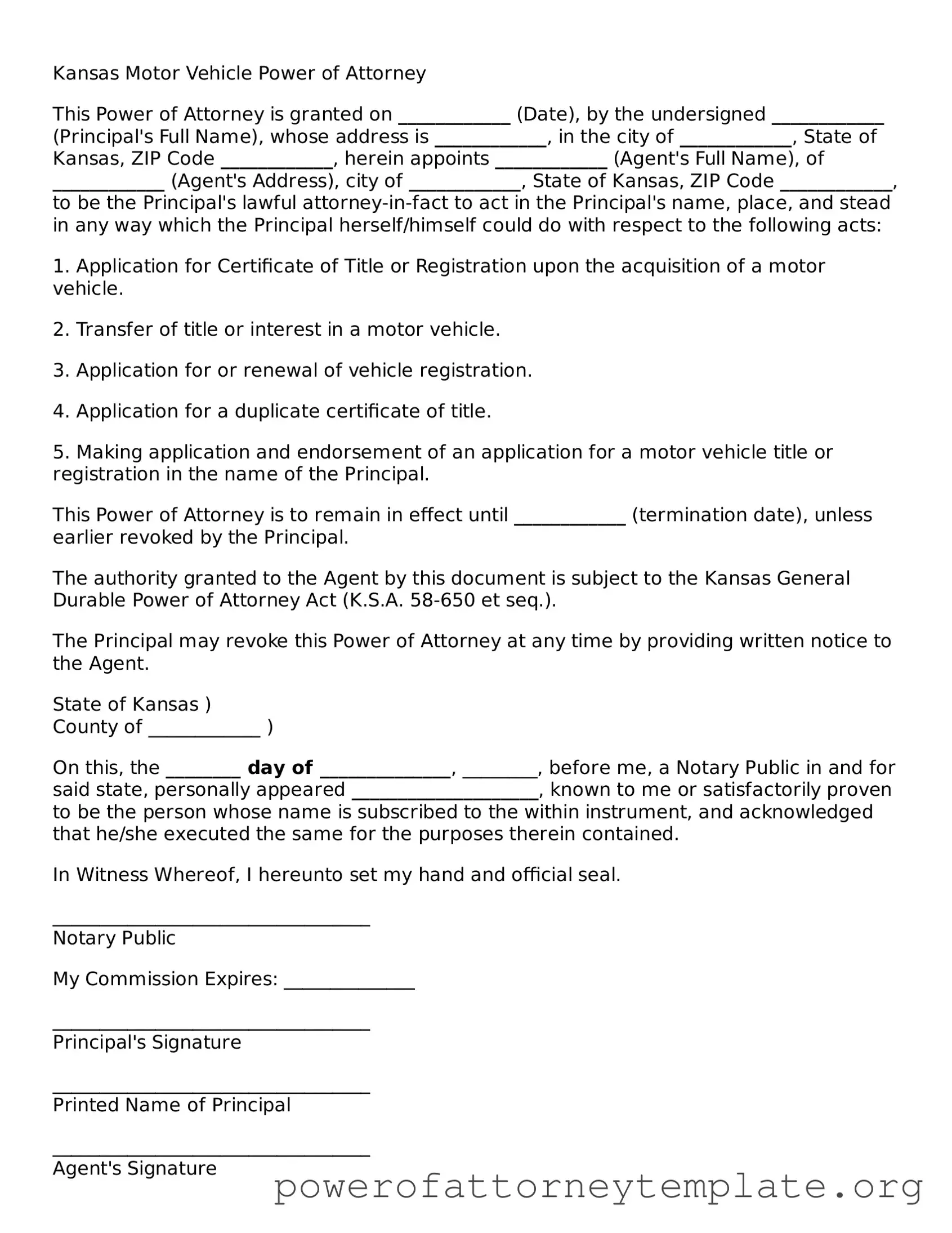 Legal Kansas Motor Vehicle Power of Attorney Template
