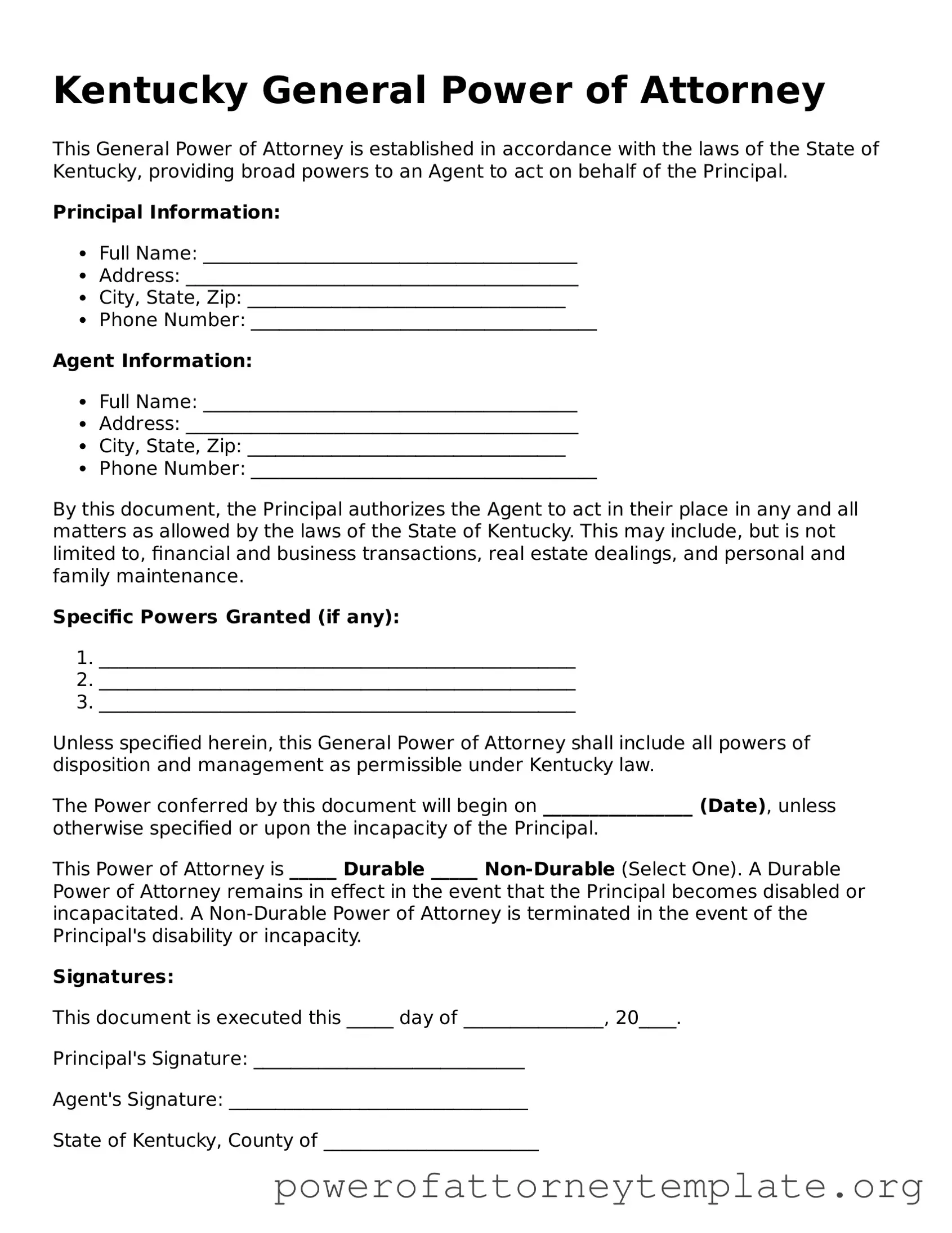 Legal Kentucky General Power of Attorney Template