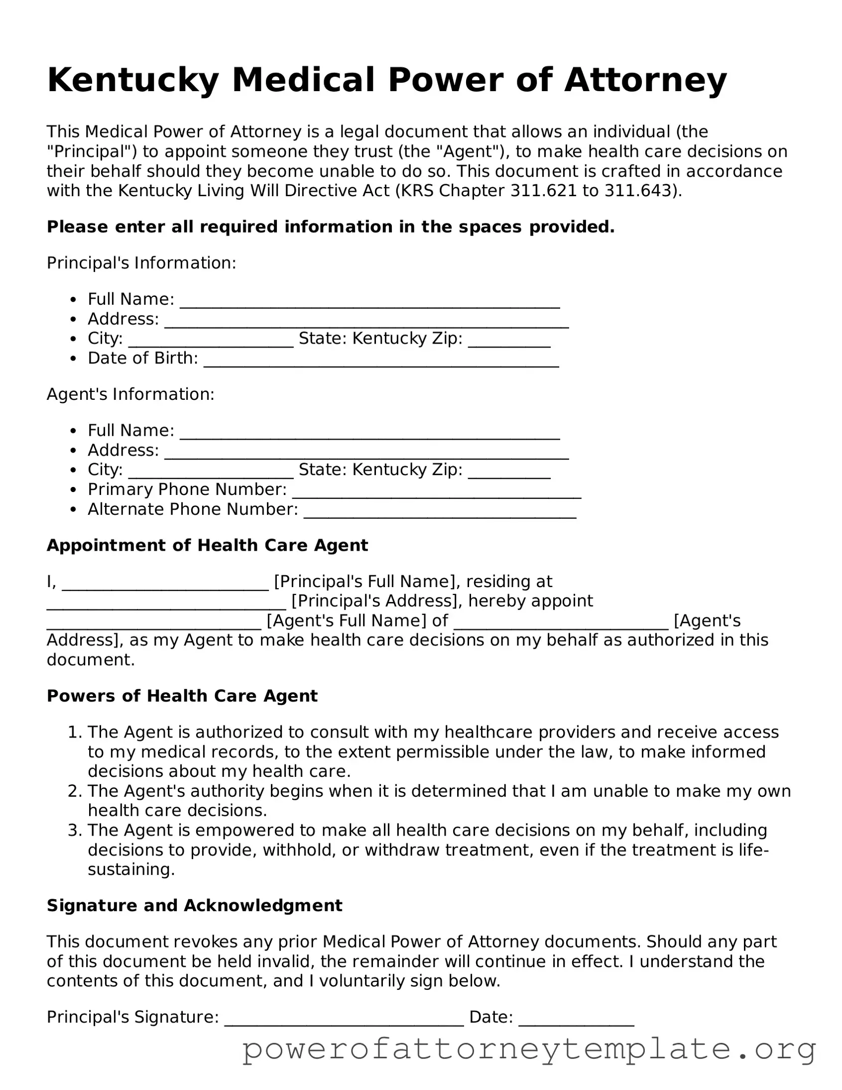 Legal Kentucky Medical Power of Attorney Template
