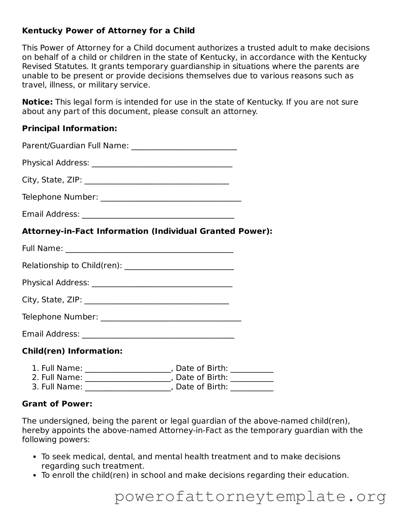 Legal Kentucky Power of Attorney for a Child Template