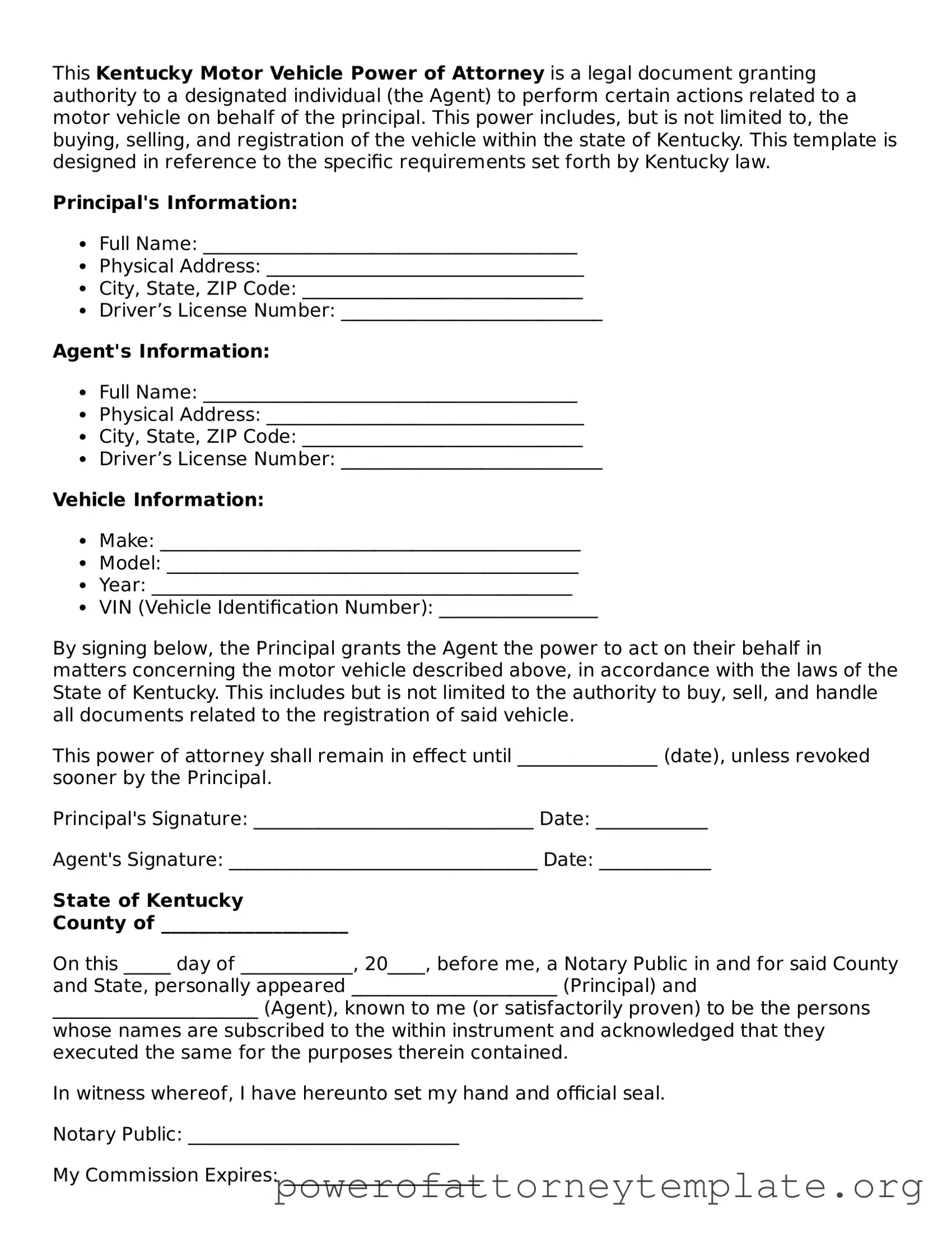 Legal Kentucky Motor Vehicle Power of Attorney Template