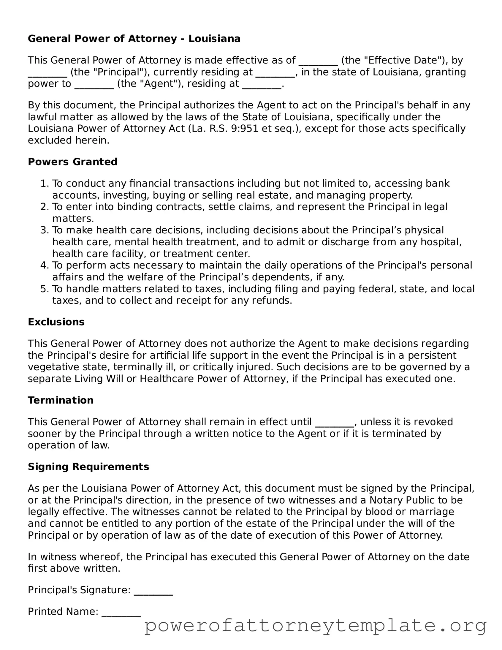 Legal Louisiana General Power of Attorney Template