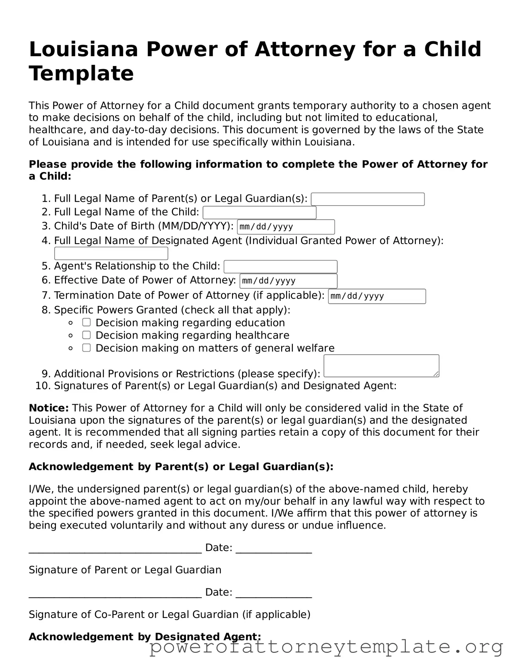 Legal Louisiana Power of Attorney for a Child Template