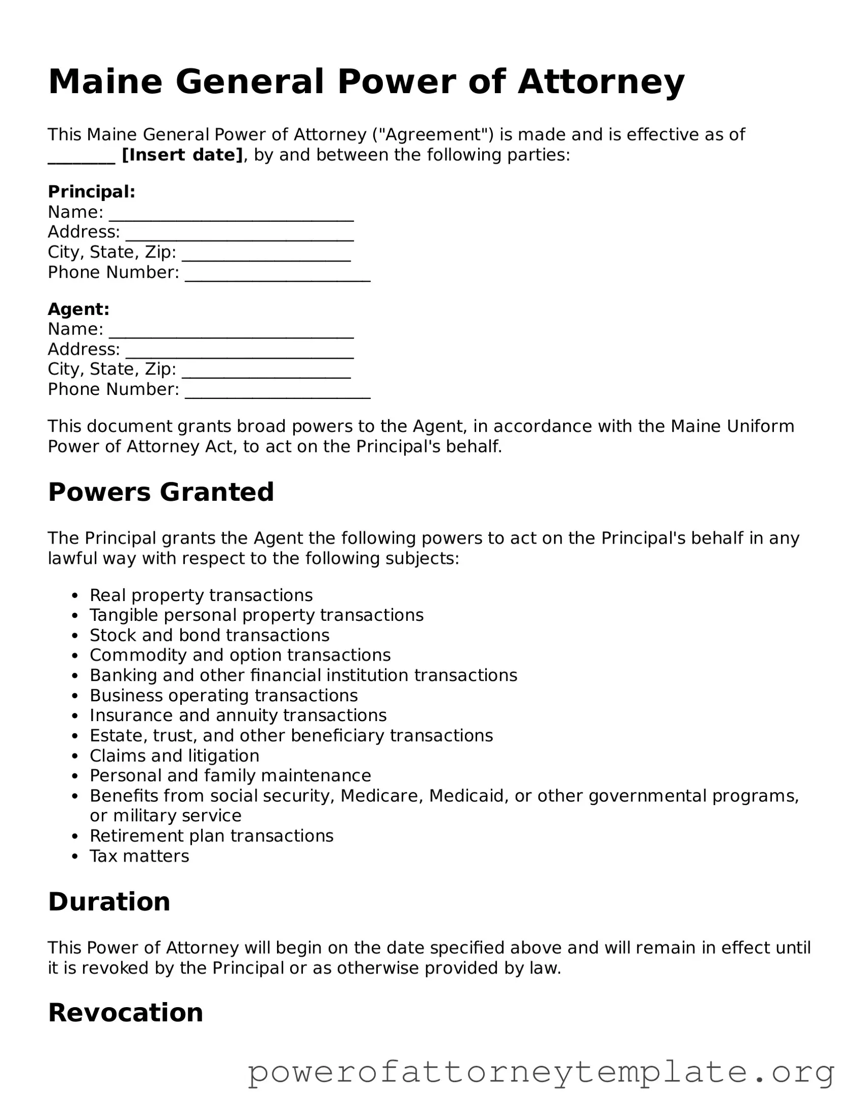 Legal Maine General Power of Attorney Template