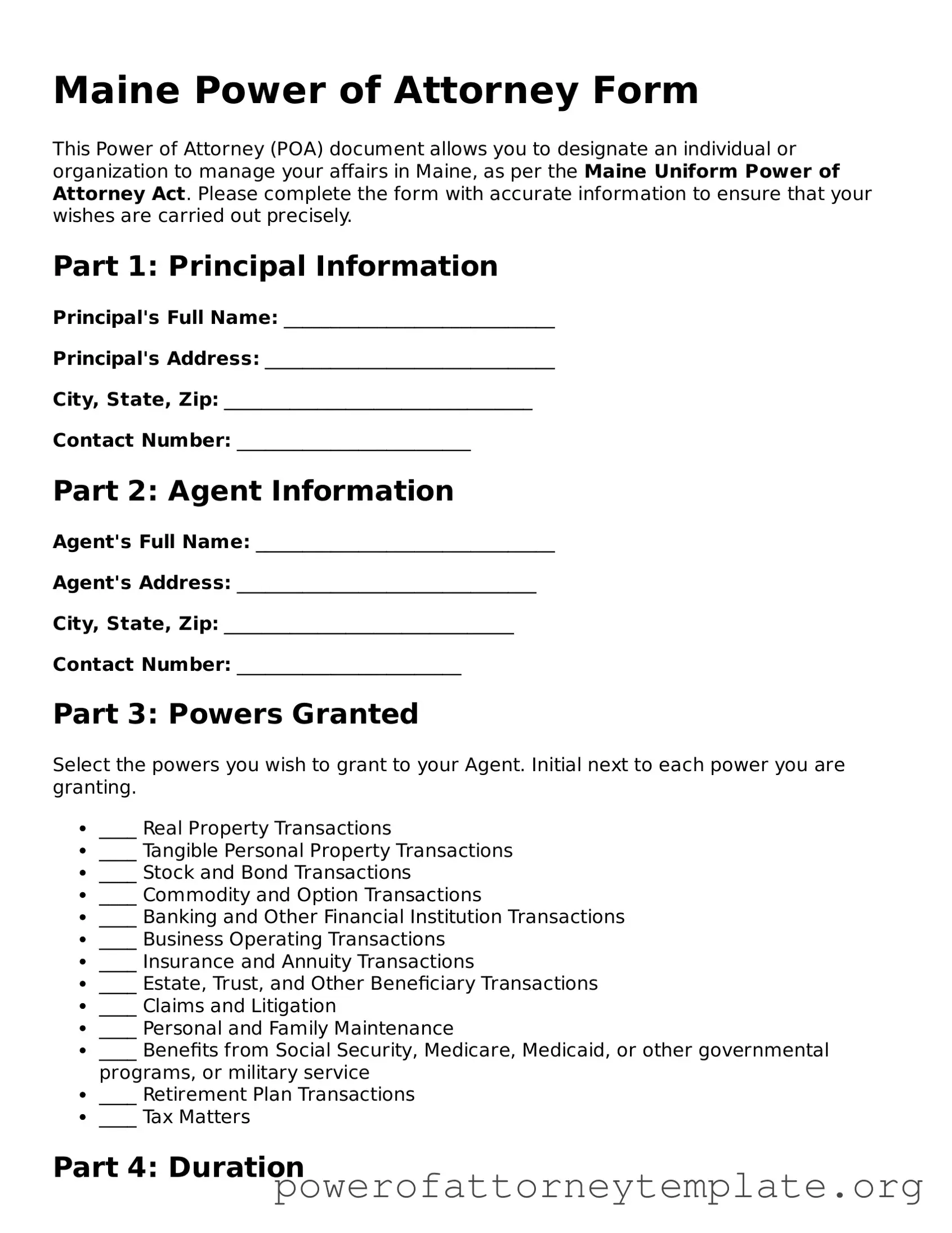 Legal Maine Power of Attorney Template