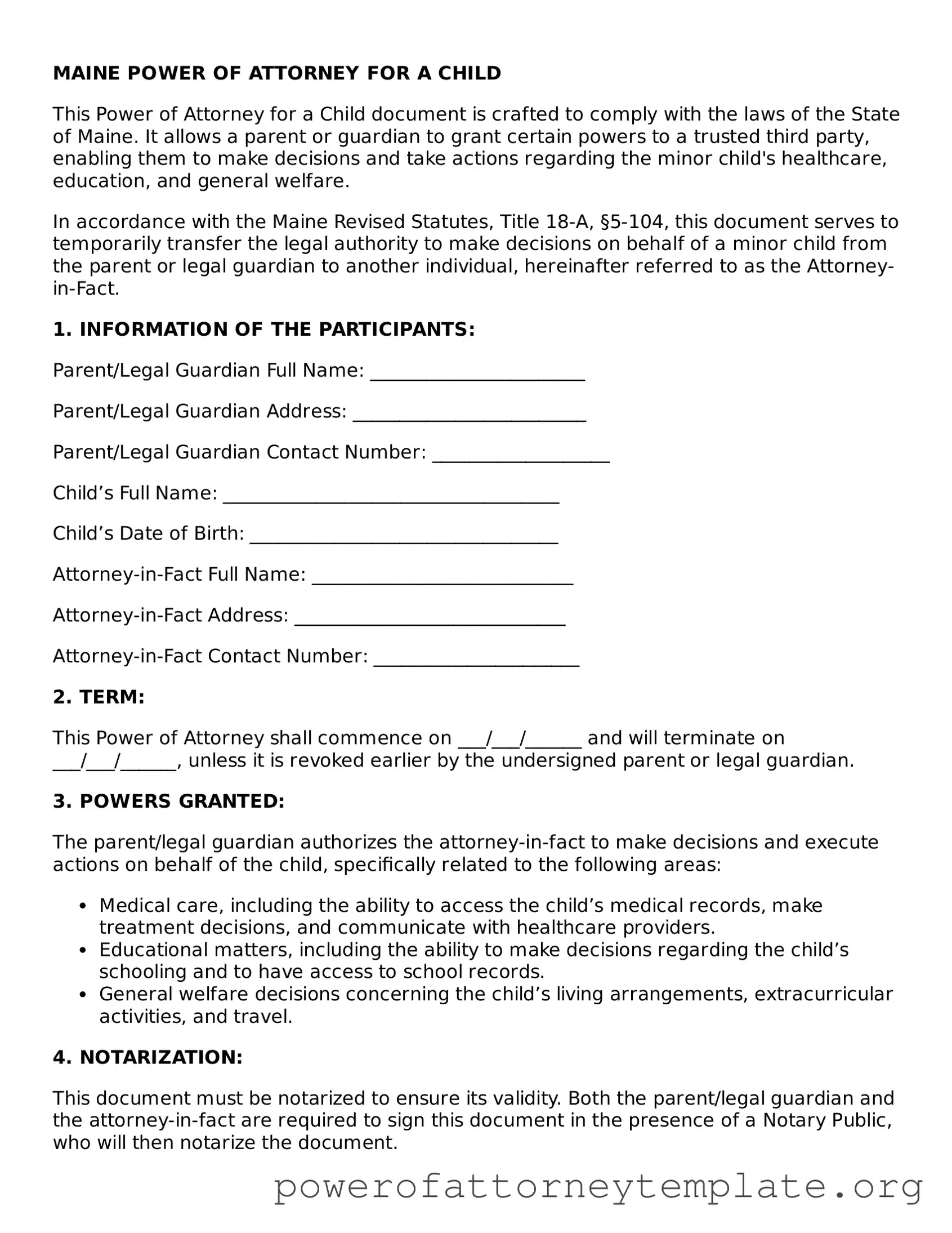 Legal Maine Power of Attorney for a Child Template