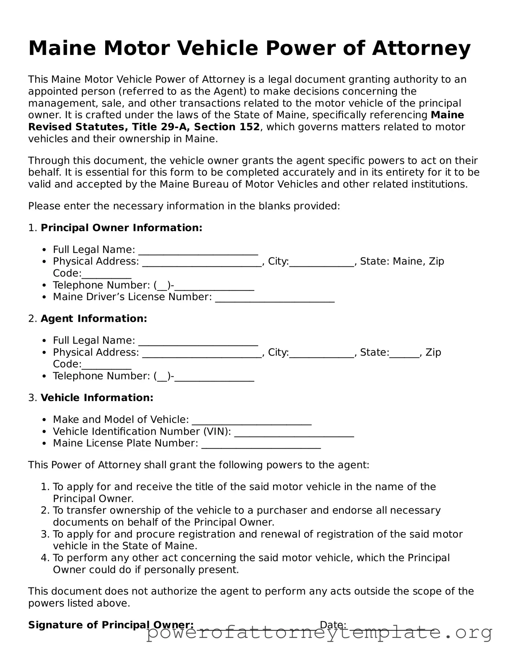 Legal Maine Motor Vehicle Power of Attorney Template