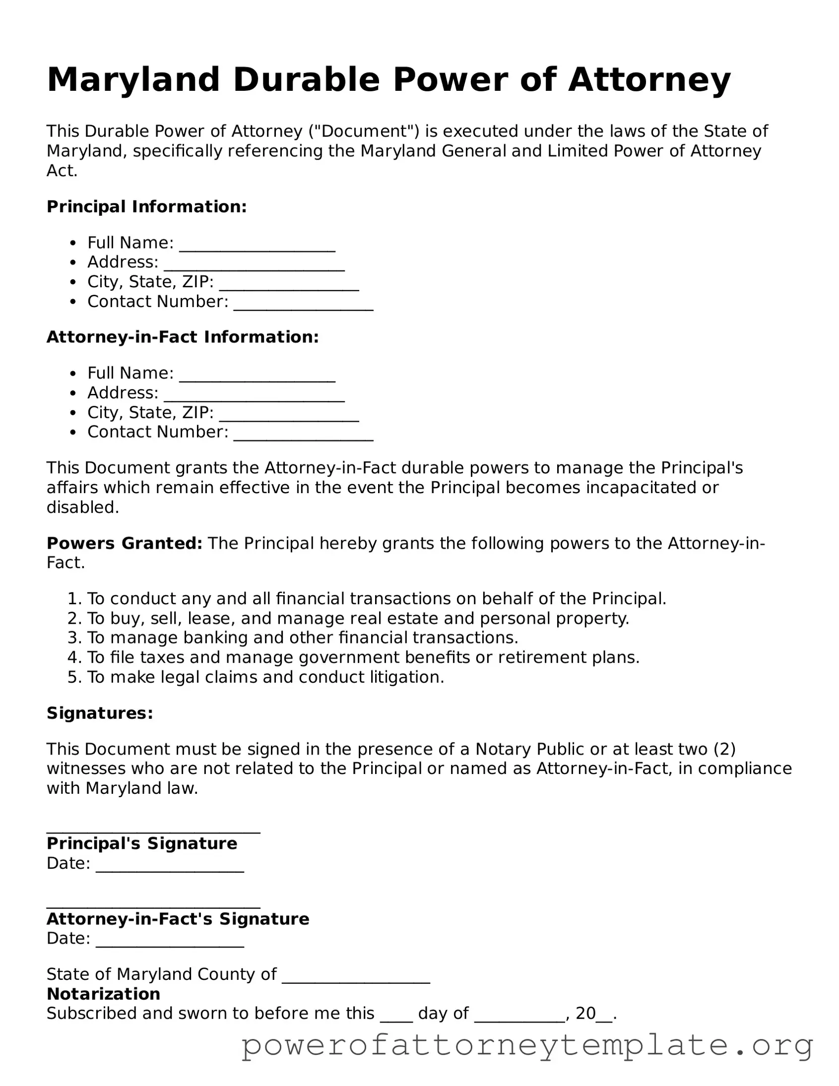 Legal Maryland Durable Power of Attorney Template