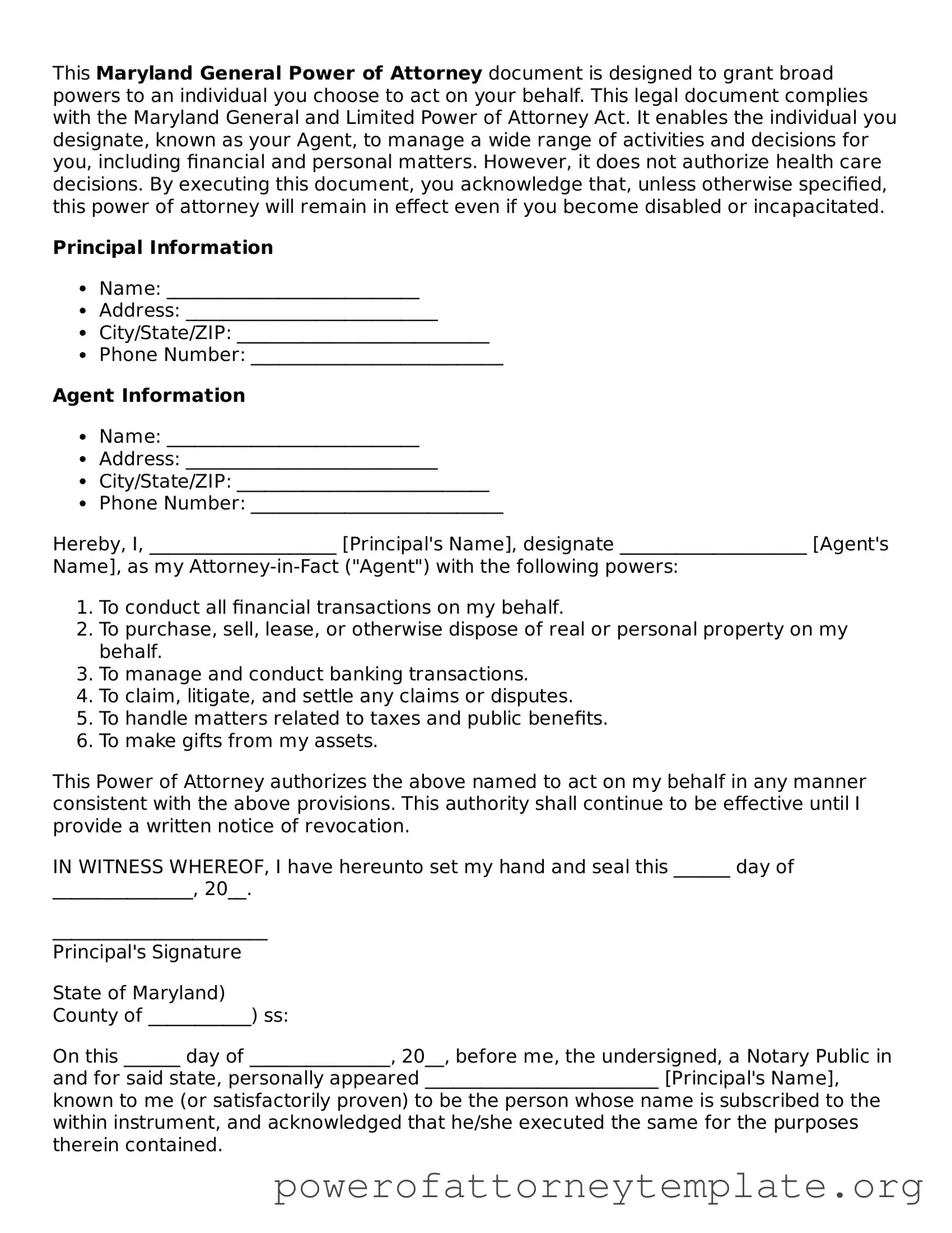 Legal Maryland General Power of Attorney Template