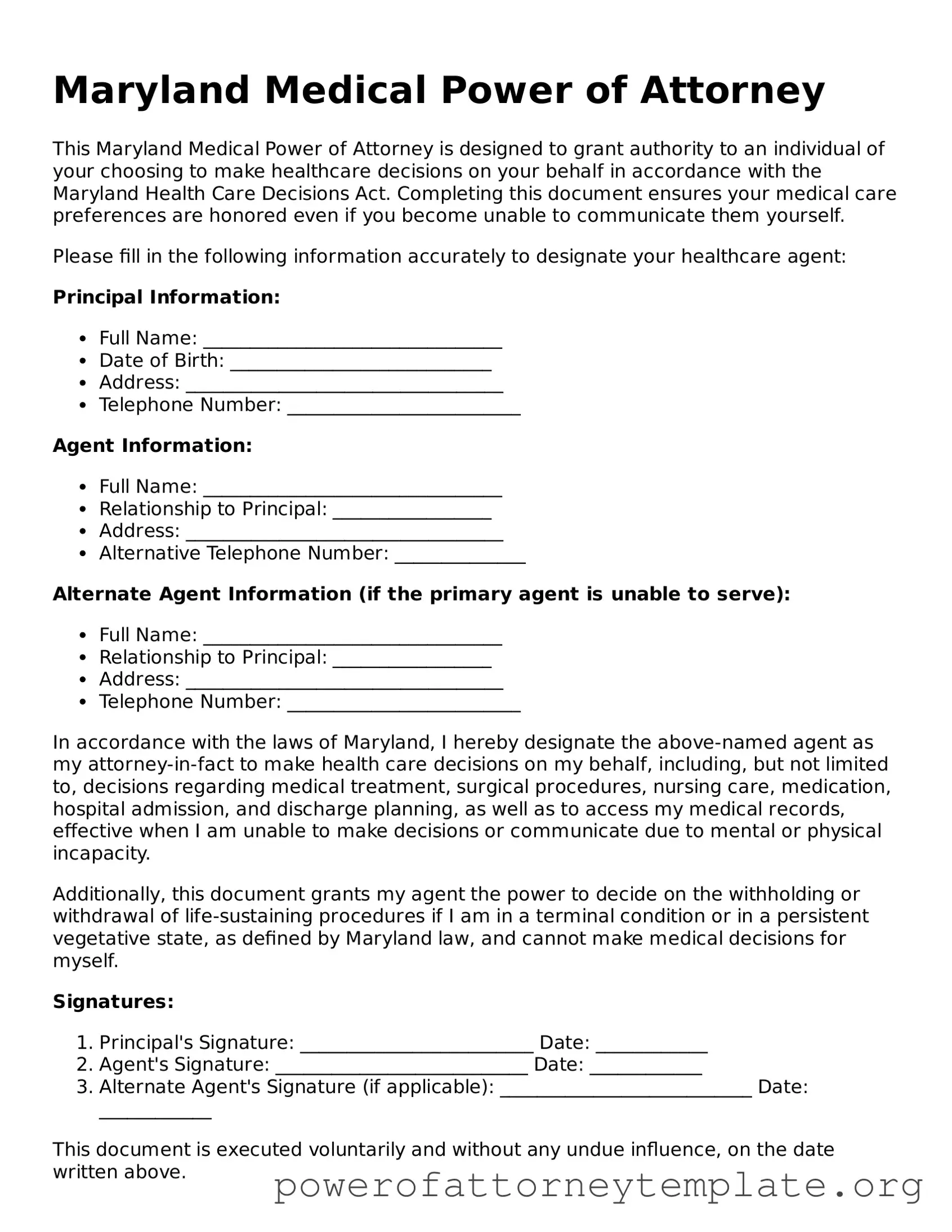 Legal Maryland Medical Power of Attorney Template