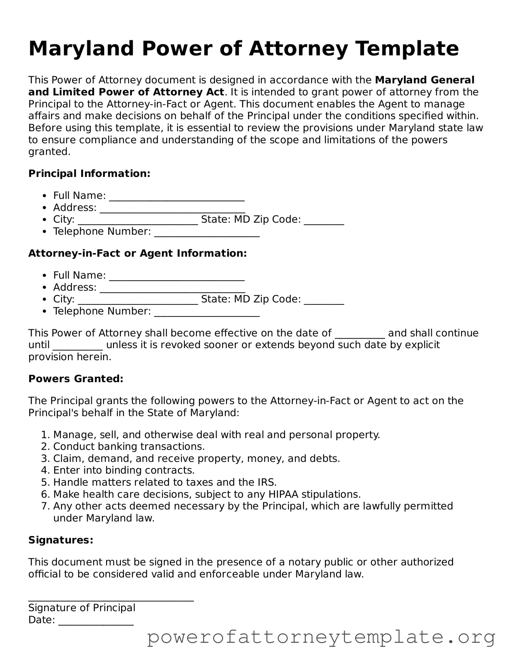 Legal Maryland Power of Attorney Template
