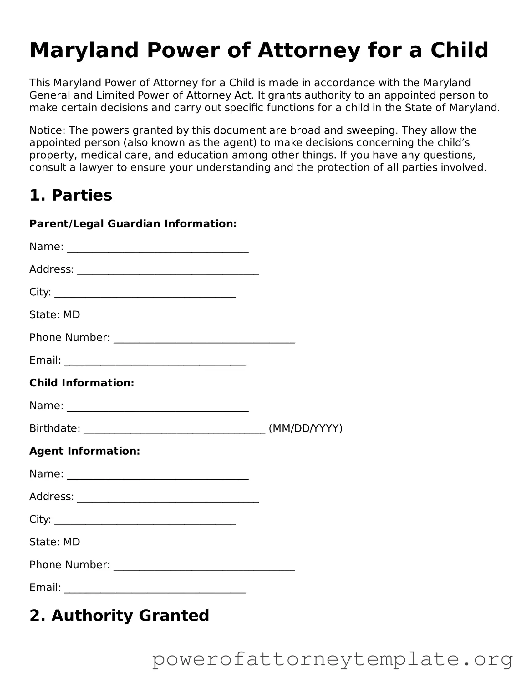 Legal Maryland Power of Attorney for a Child Template