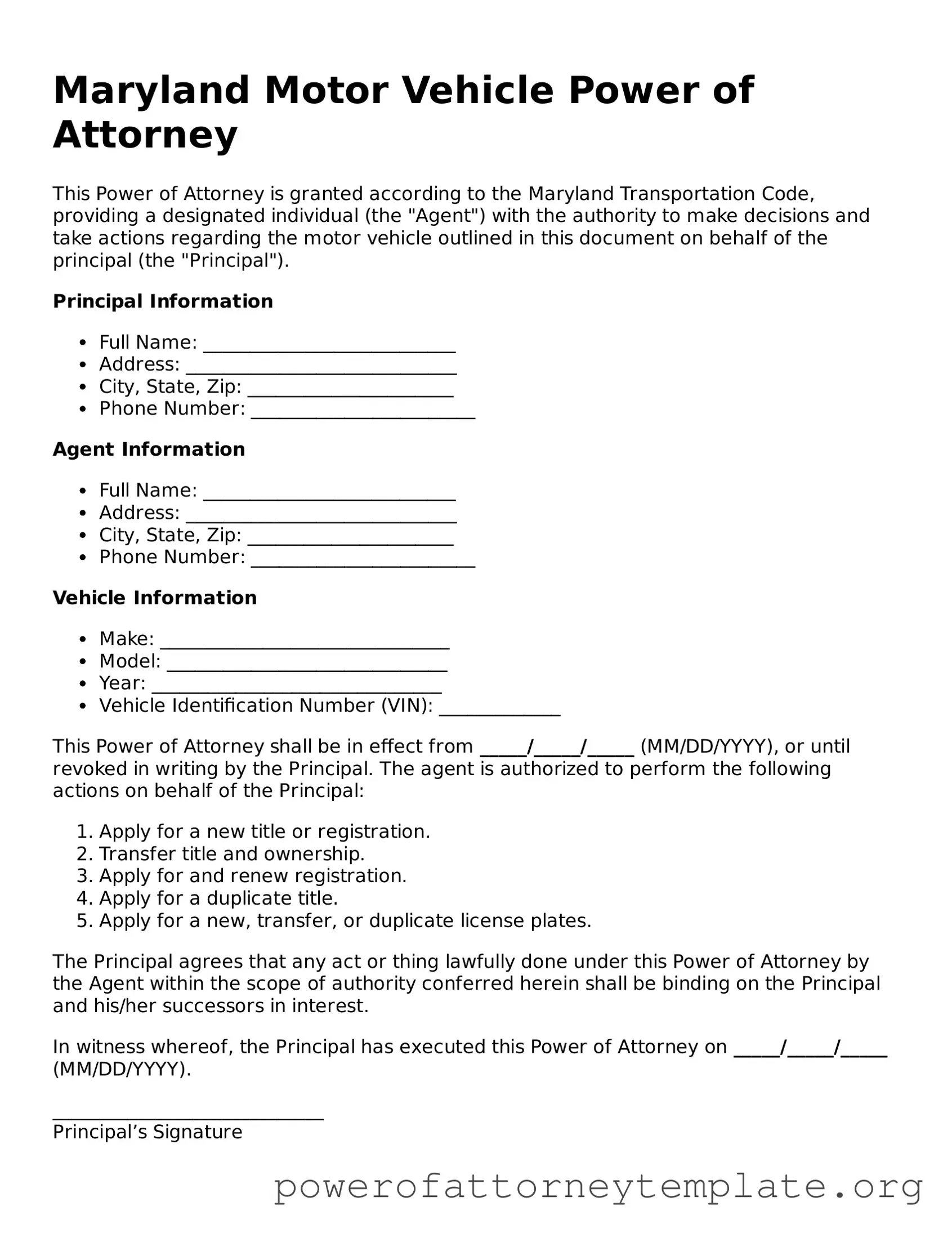 Legal Maryland Motor Vehicle Power of Attorney Template