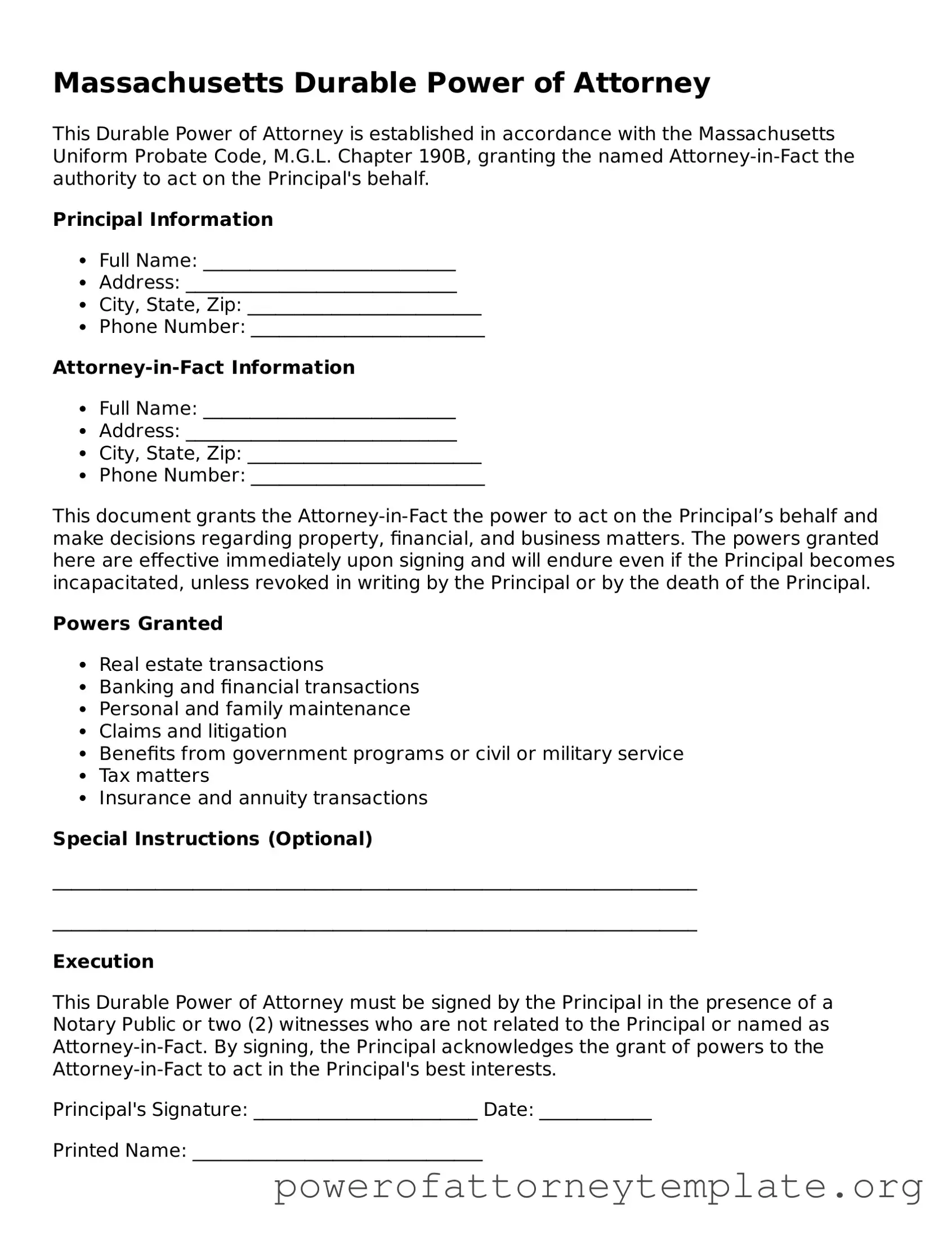 Legal Massachusetts Durable Power of Attorney Template
