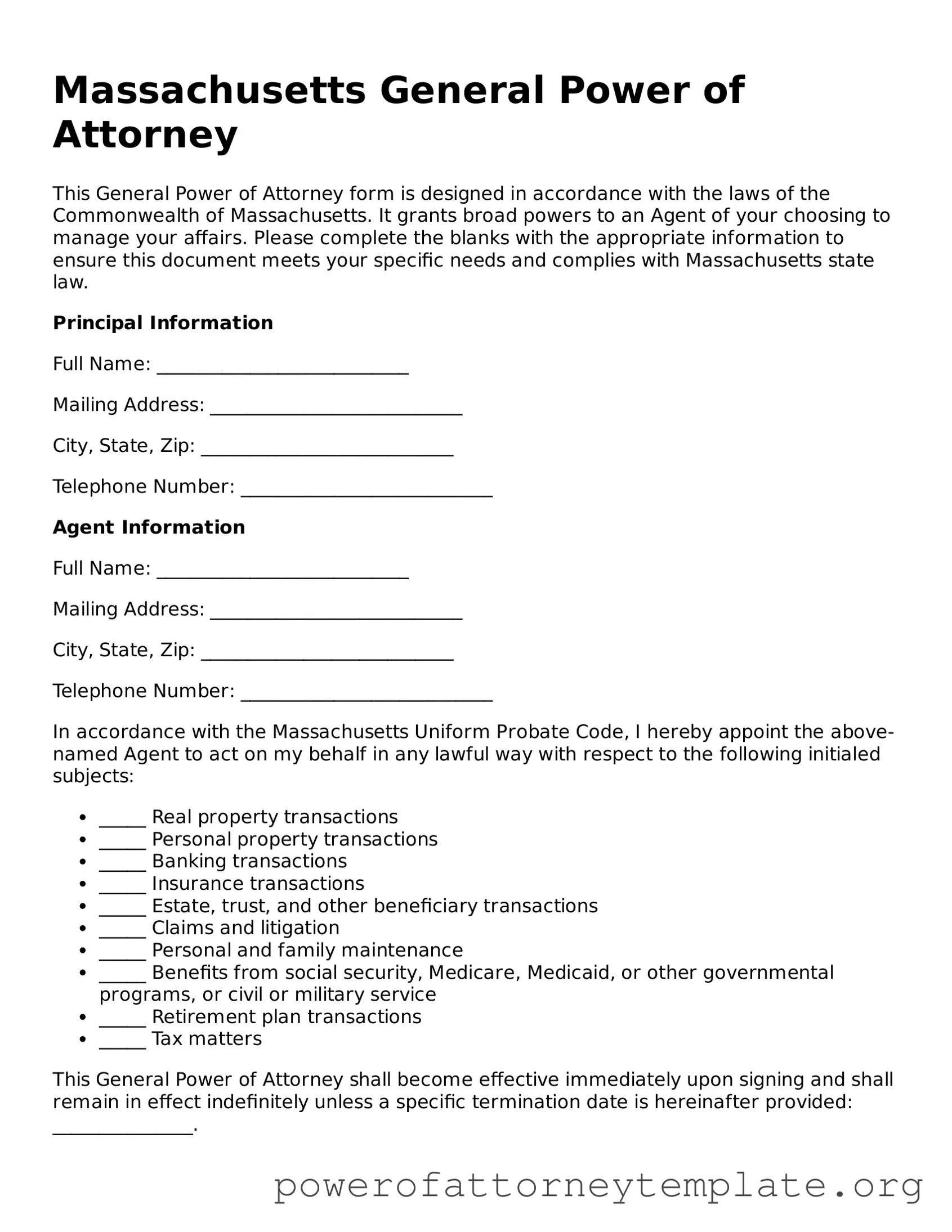Legal Massachusetts General Power of Attorney Template