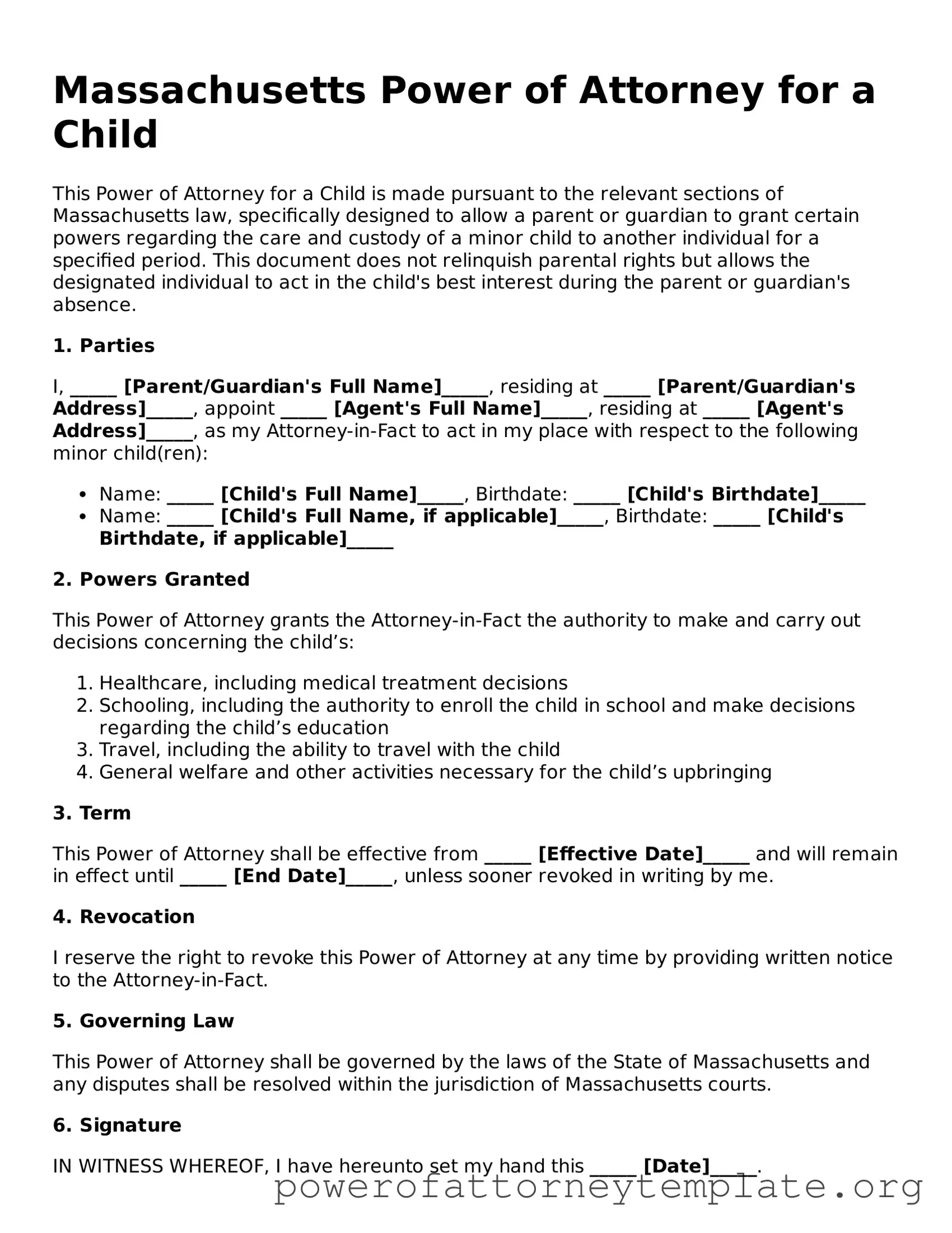 Legal Massachusetts Power of Attorney for a Child Template