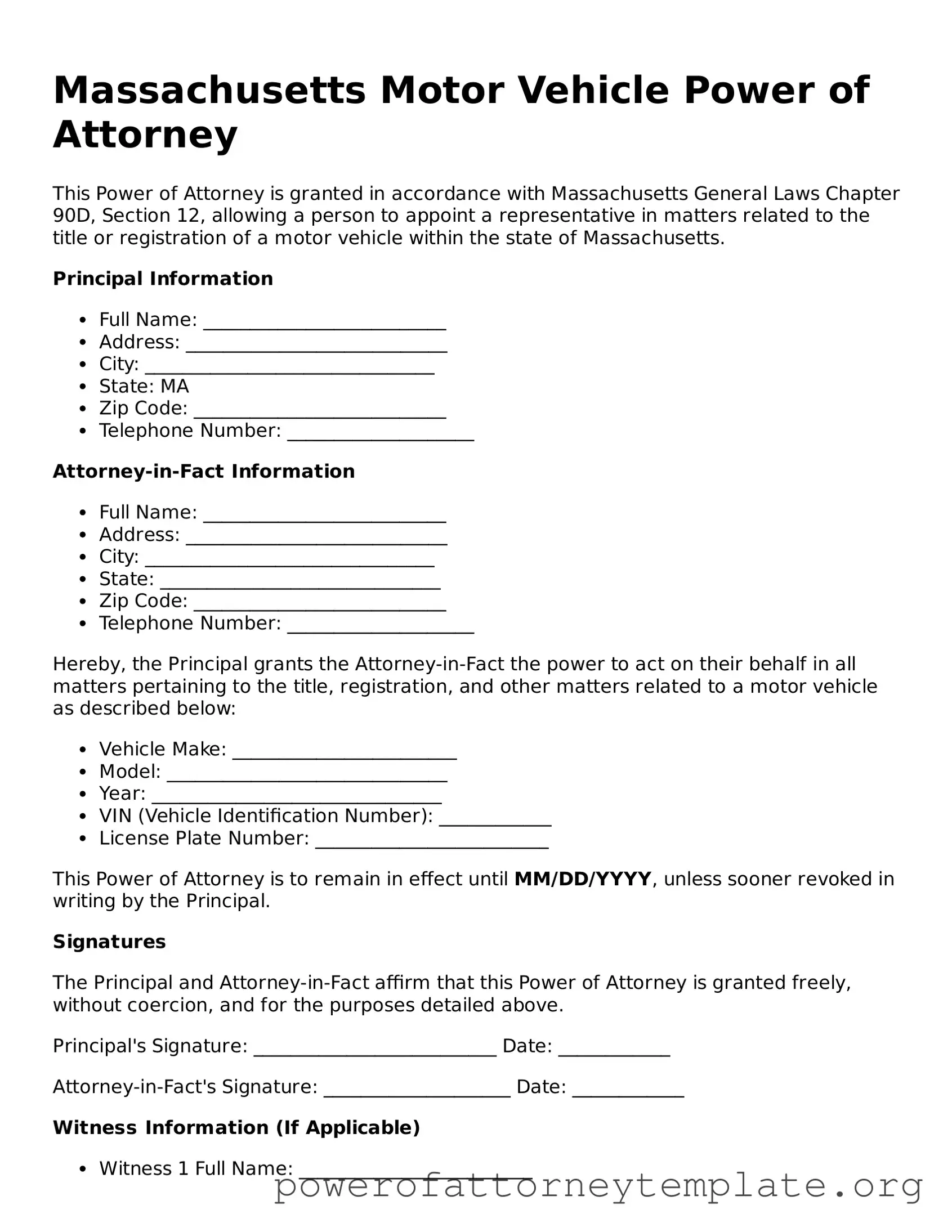 Legal Massachusetts Motor Vehicle Power of Attorney Template