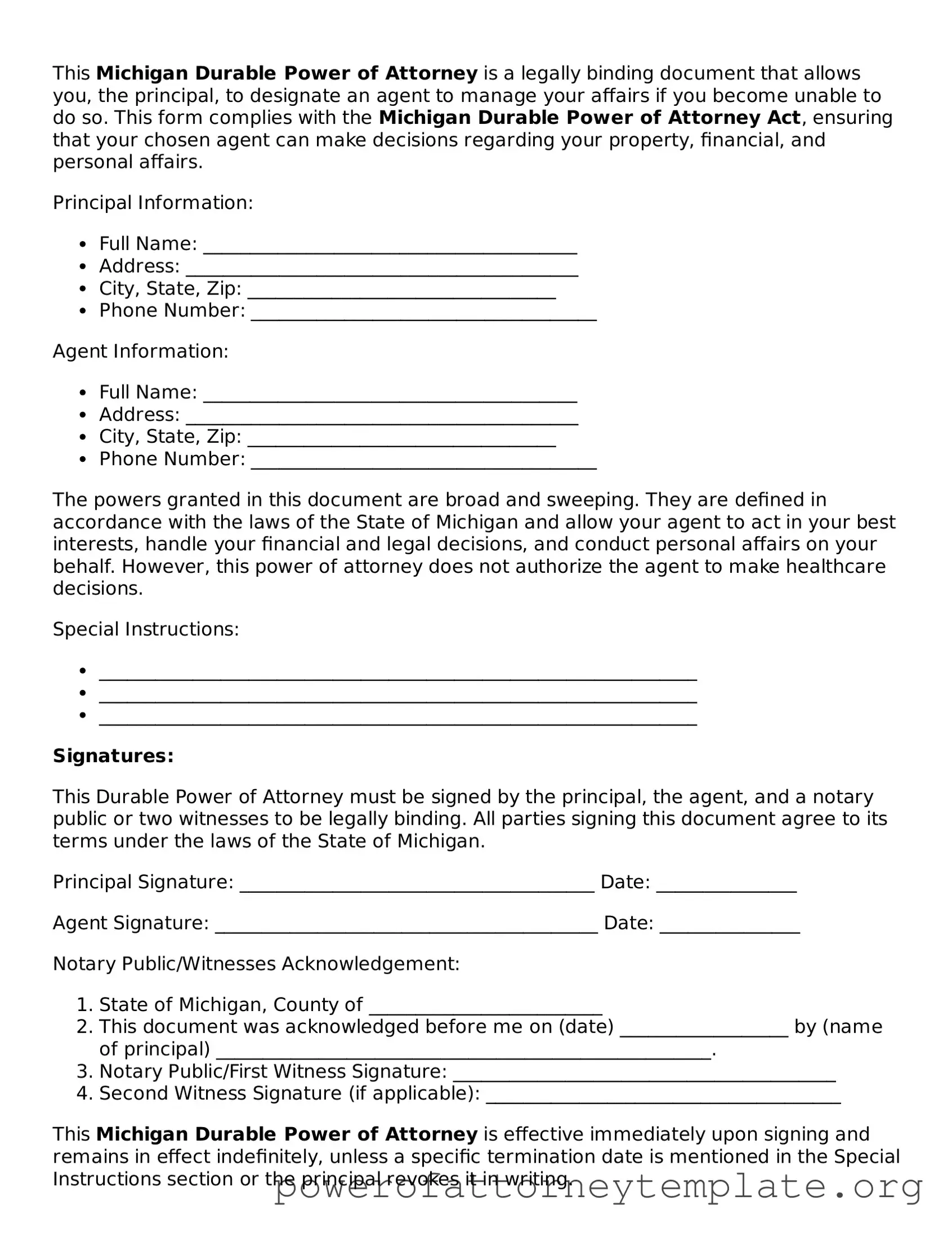 Legal Michigan Durable Power of Attorney Template