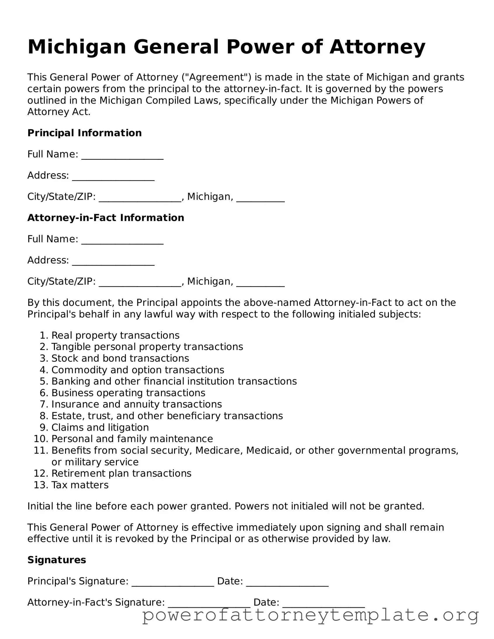 Legal Michigan General Power of Attorney Template