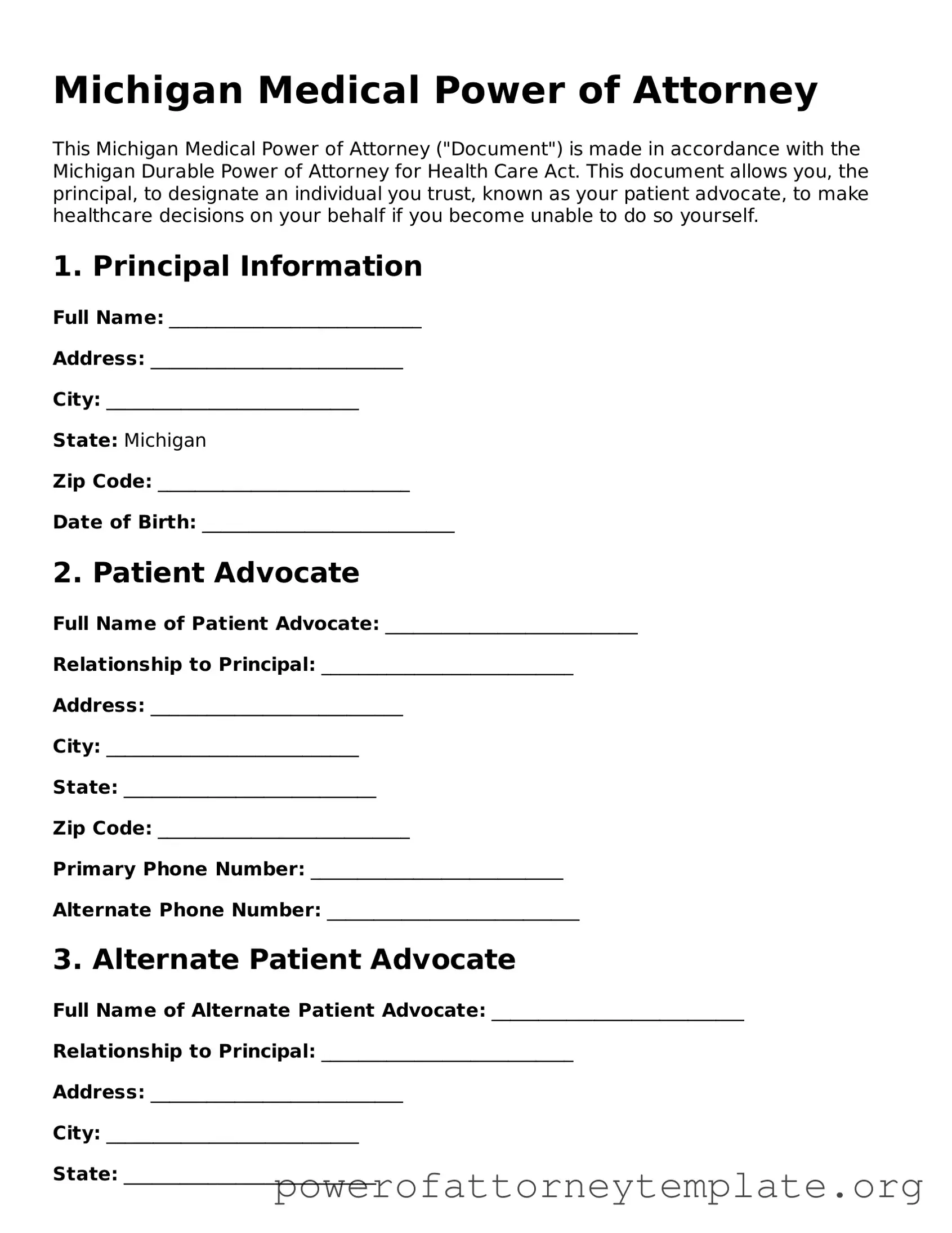 Legal Michigan Medical Power of Attorney Template