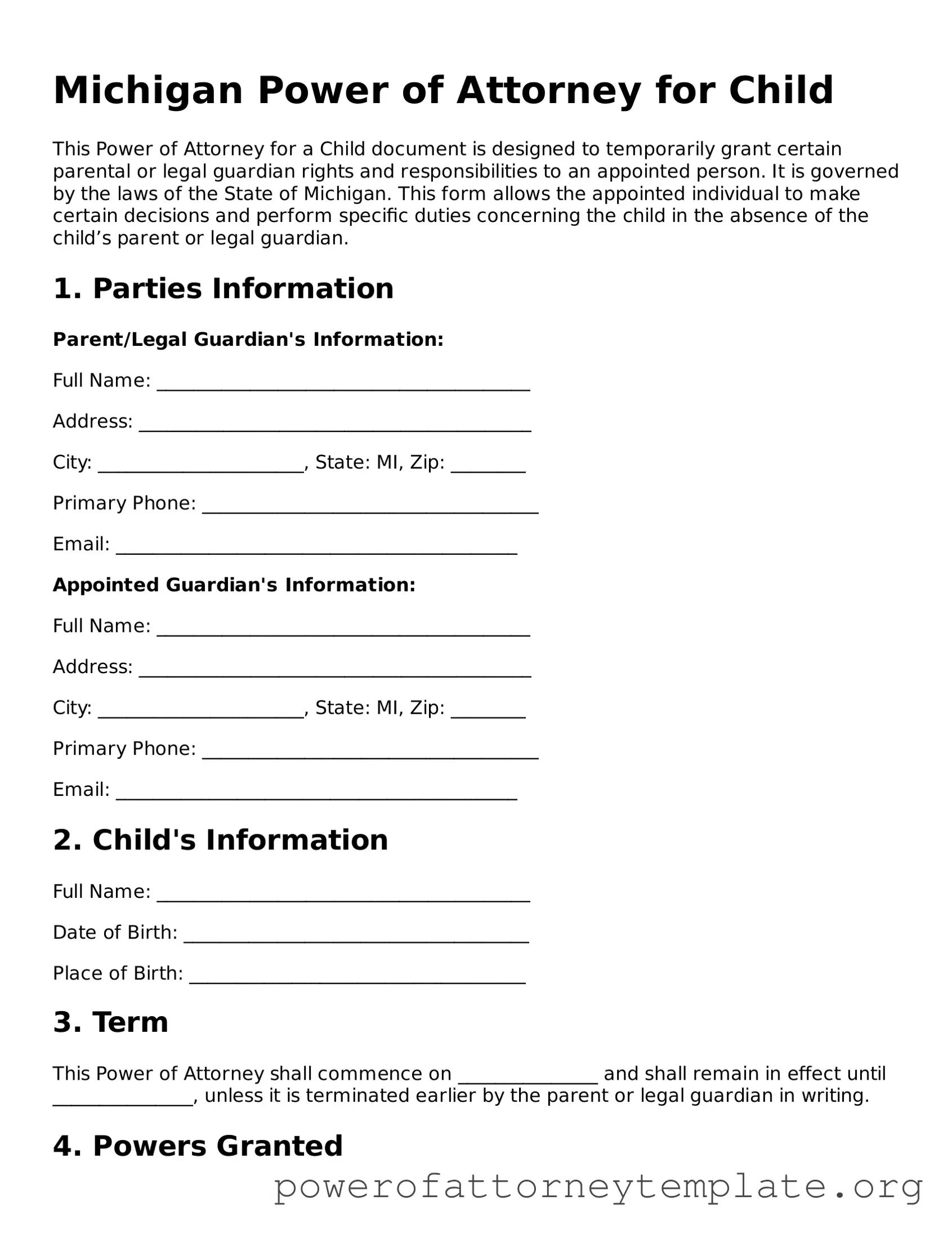 Legal Michigan Power of Attorney for a Child Template