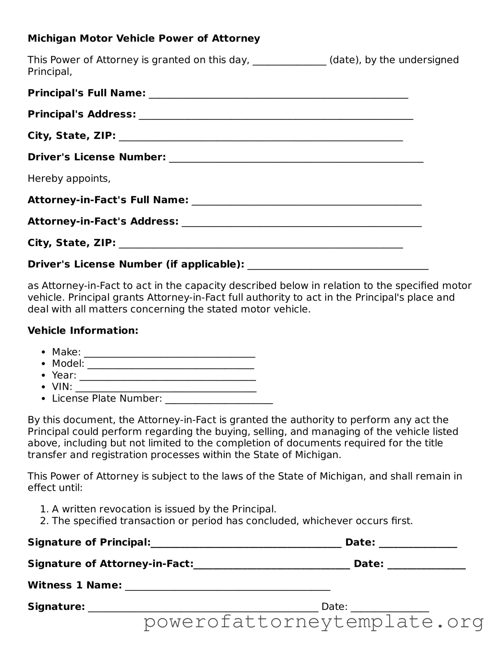 Legal Michigan Motor Vehicle Power of Attorney Template