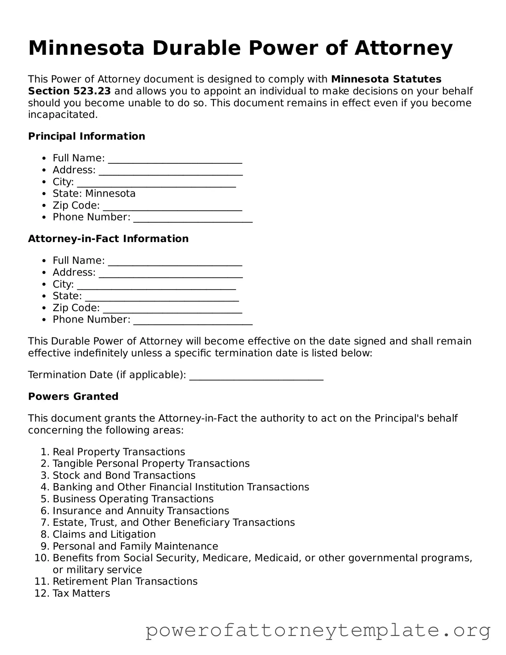 Legal Minnesota Durable Power of Attorney Template