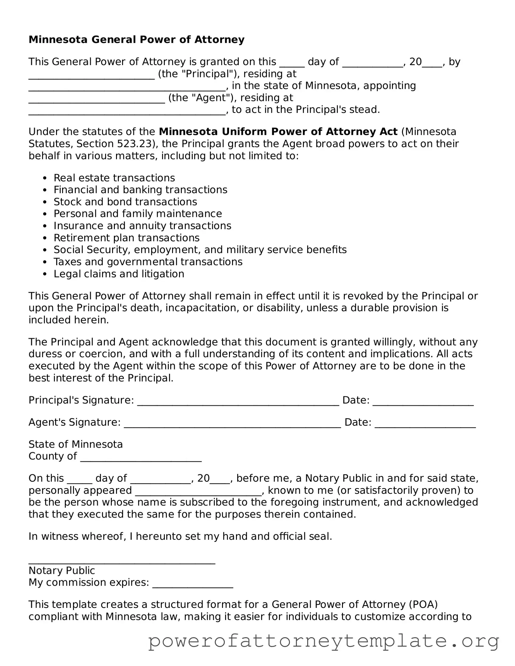 Legal Minnesota General Power of Attorney Template