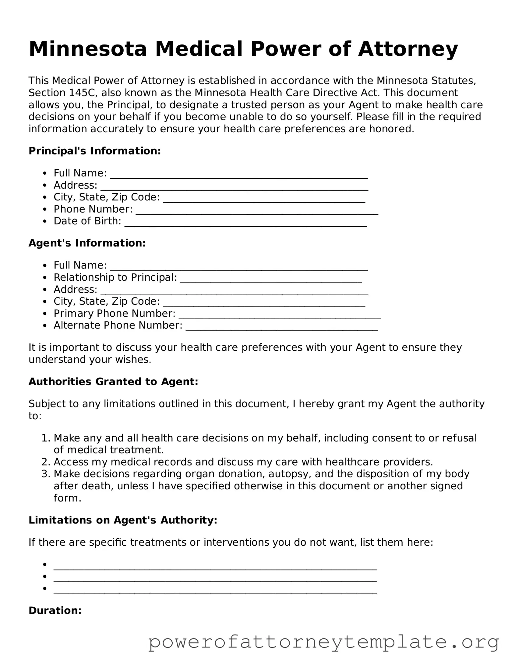 Legal Minnesota Medical Power of Attorney Template