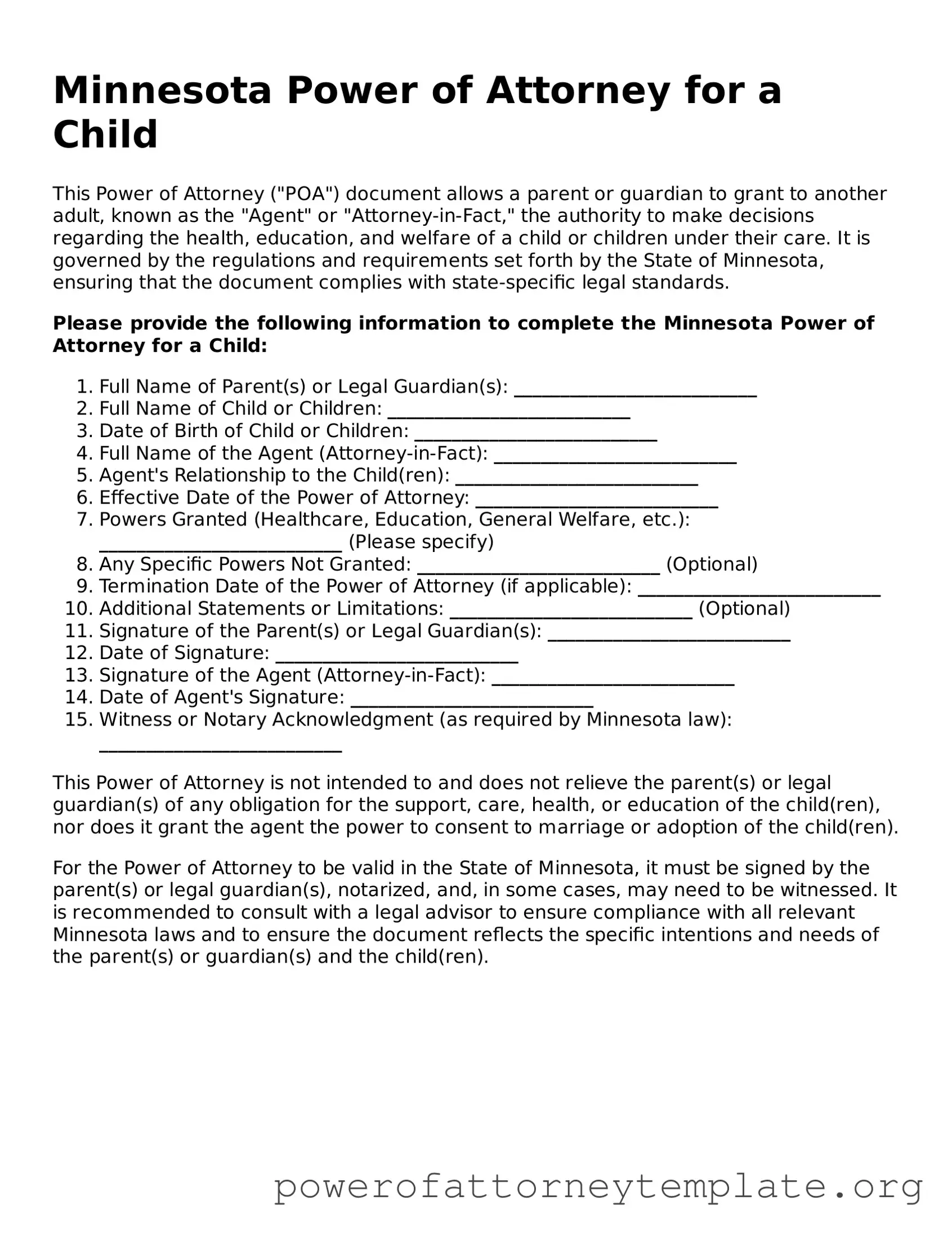Legal Minnesota Power of Attorney for a Child Template
