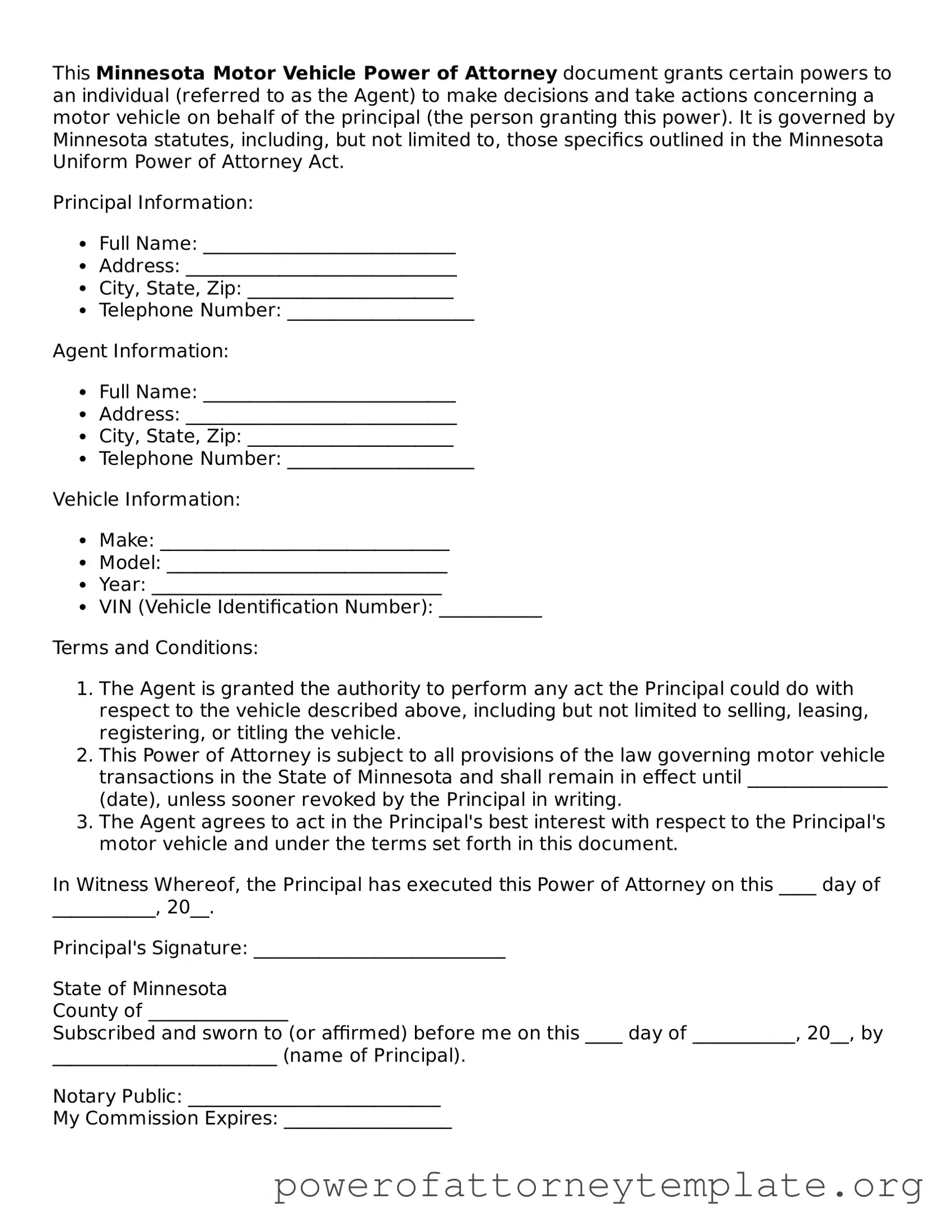 Legal Minnesota Motor Vehicle Power of Attorney Template