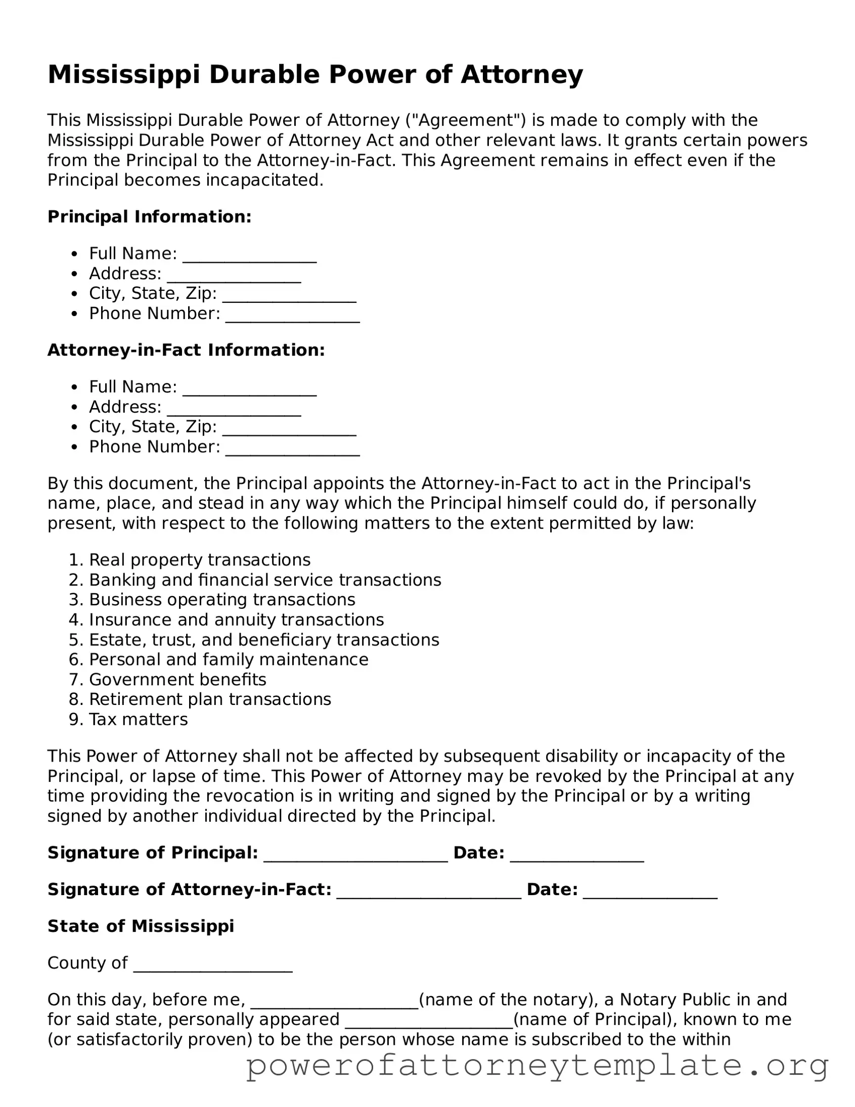 Legal Mississippi Durable Power of Attorney Template