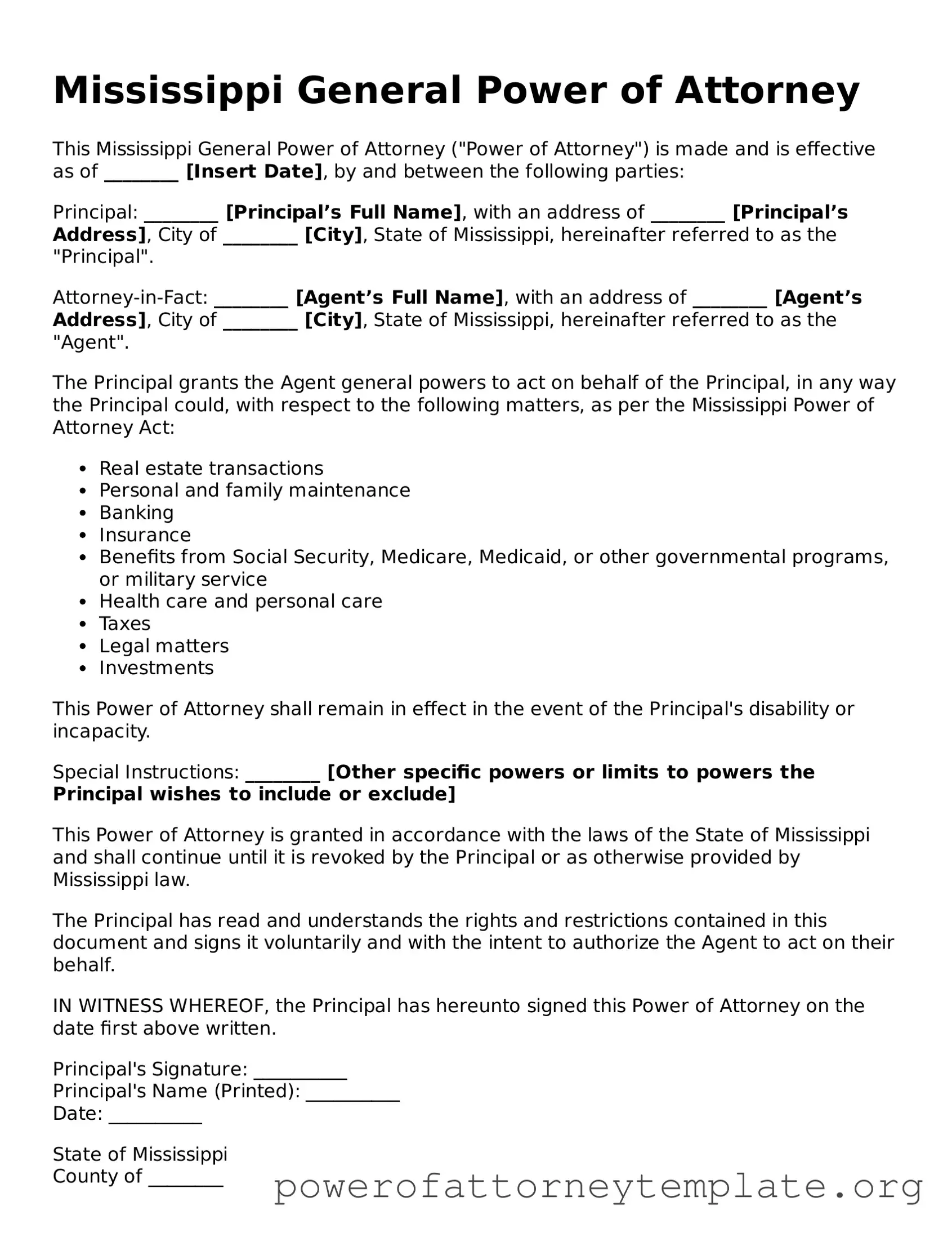Legal Mississippi General Power of Attorney Template
