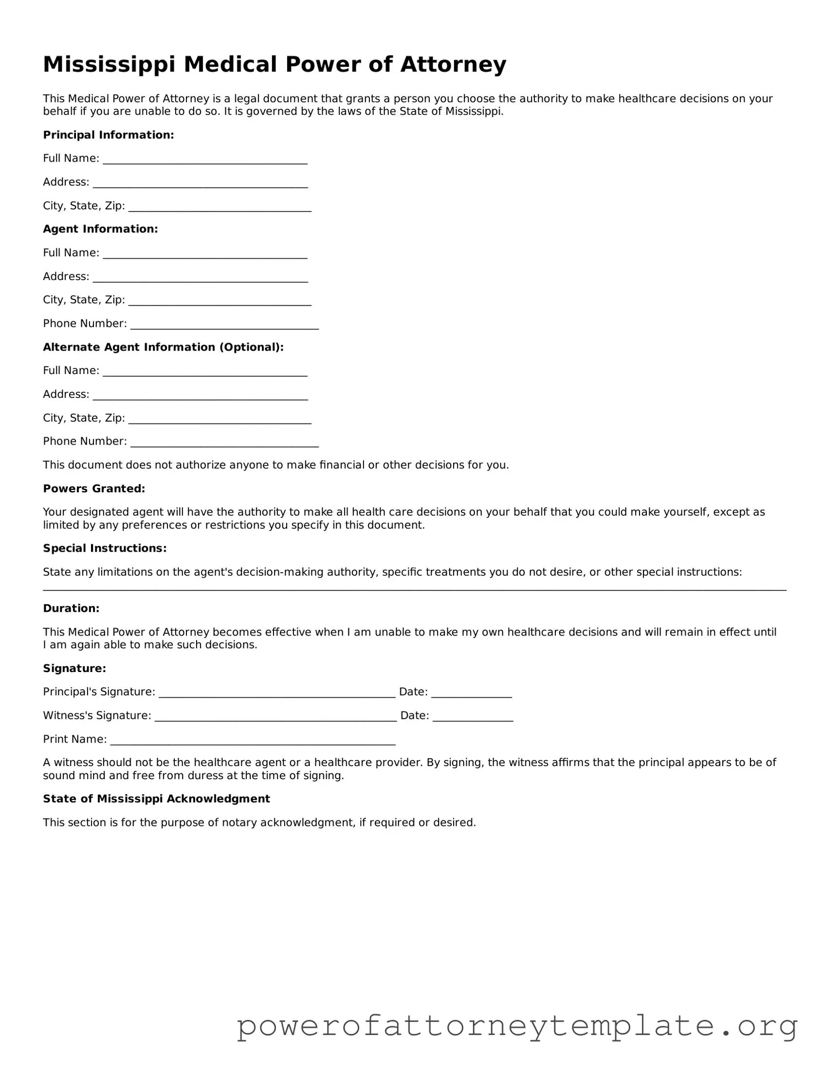 Legal Mississippi Medical Power of Attorney Template
