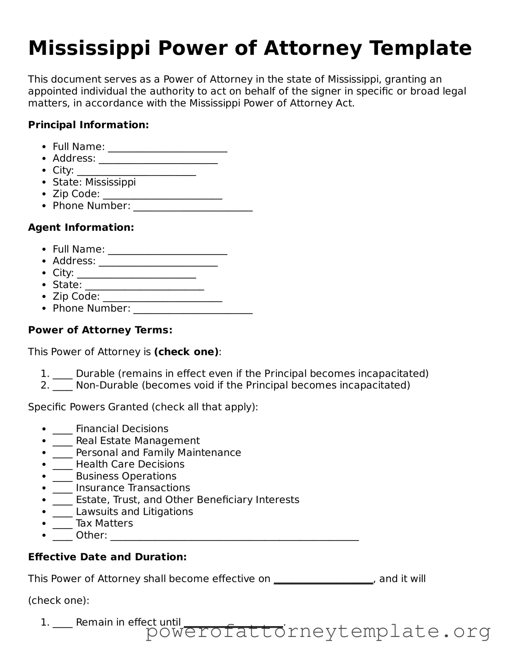 Legal Mississippi Power of Attorney Template