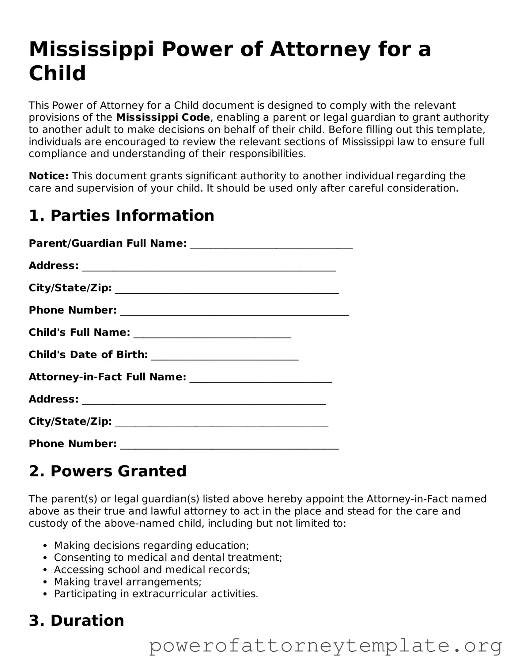 Legal Mississippi Power of Attorney for a Child Template