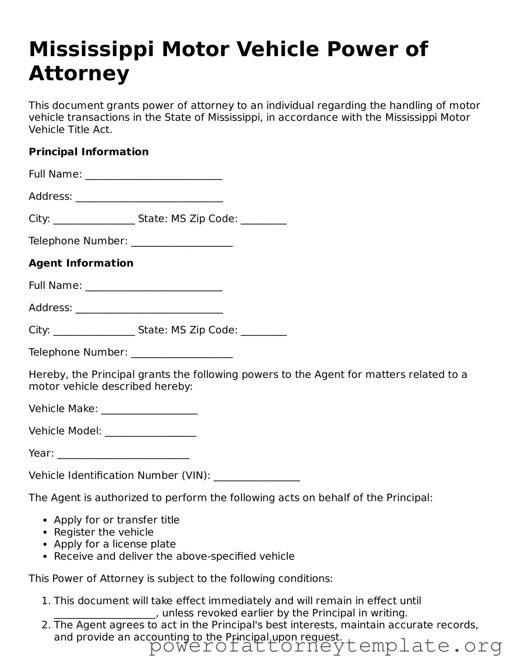 Legal Mississippi Motor Vehicle Power of Attorney Template